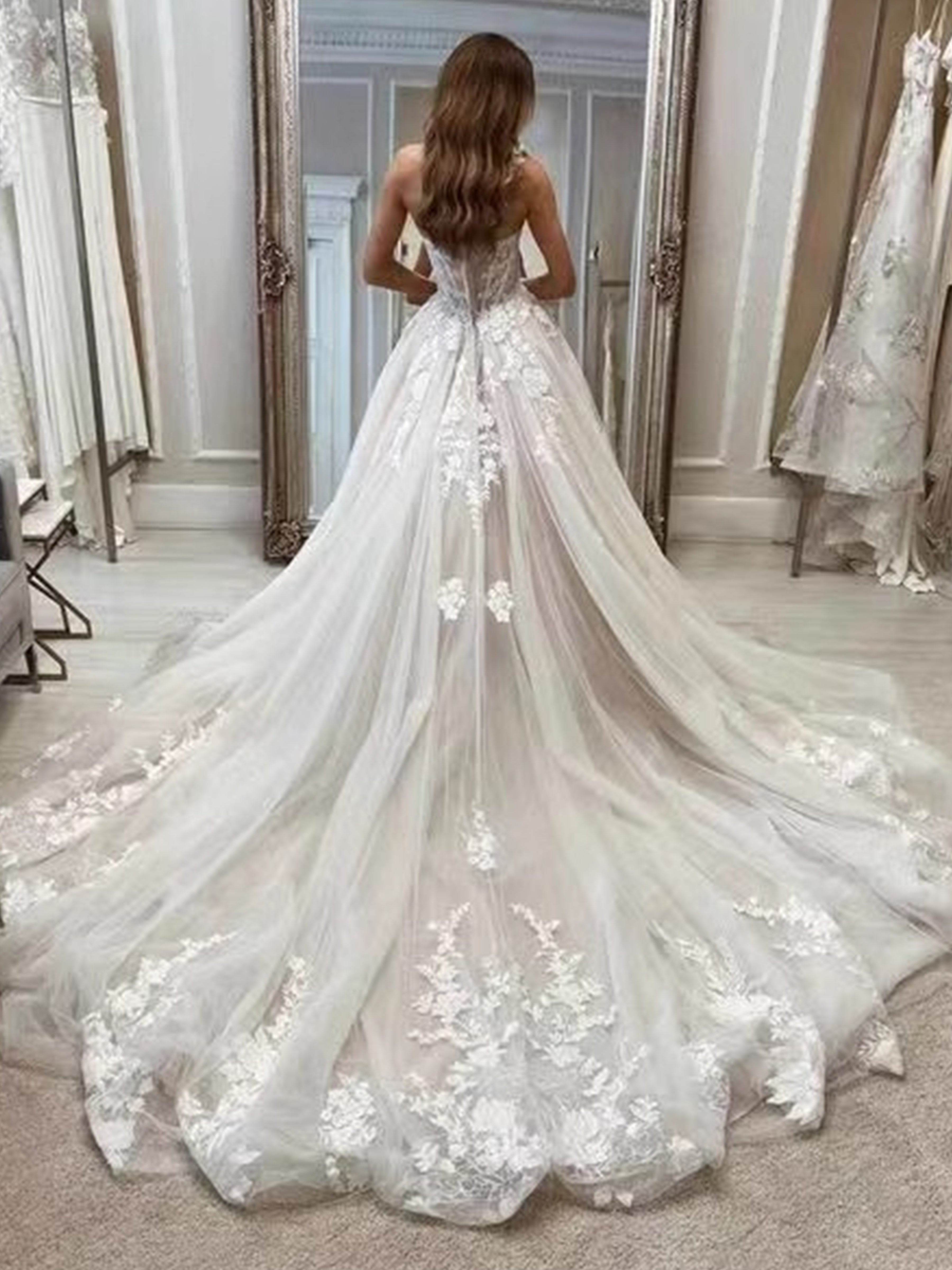 ROVDESY Strapless Sweetheart Lace Applique A-Line Wedding Dress with Cathedral Train