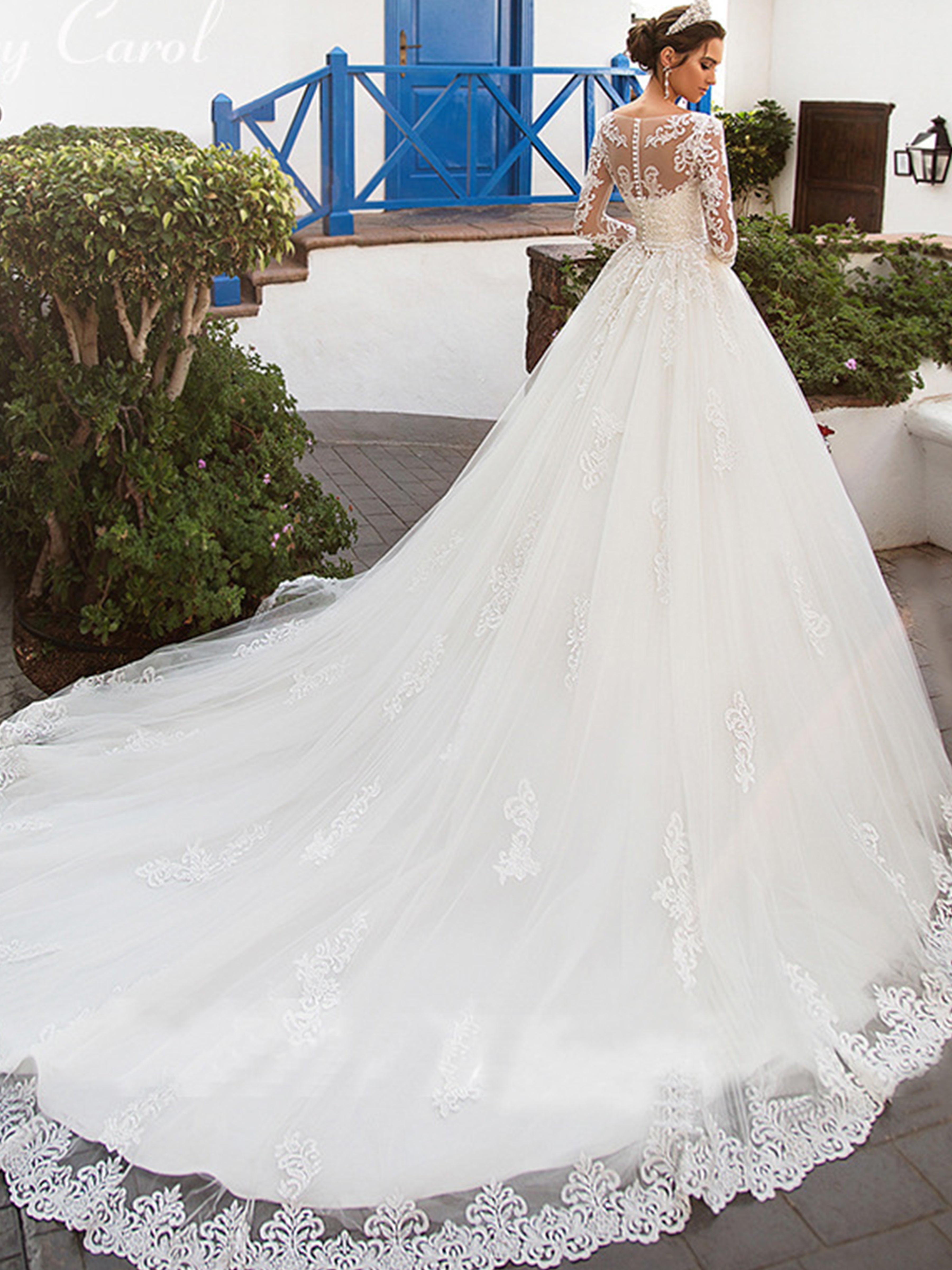 ROVDESY Long Sleeve Illusion Neck Lace A-Line Wedding Dress with Cathedral Train