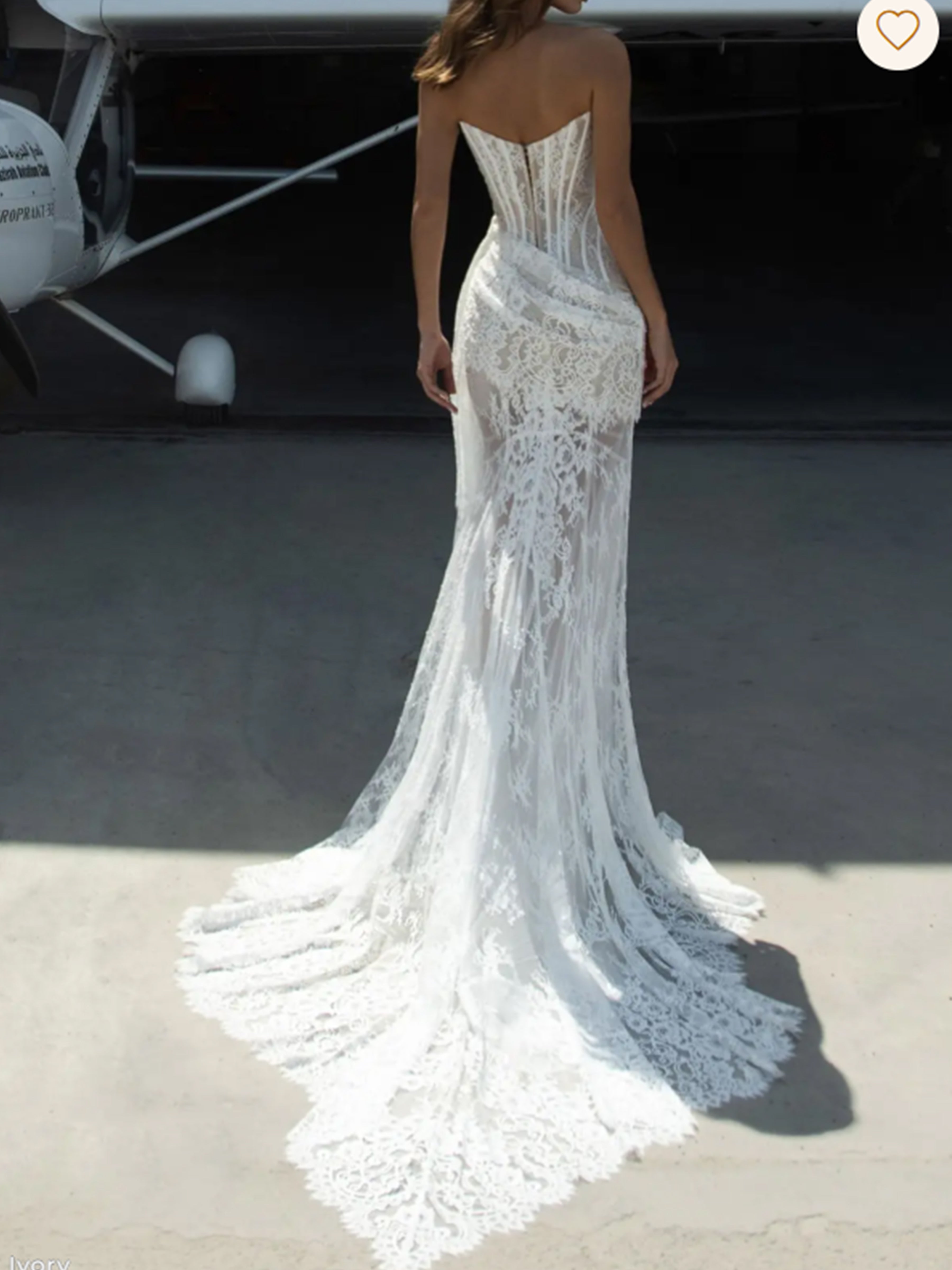 ROVDESY Strapless Sheer Lace Mermaid Wedding Dress with Corset Bodice And Lace Train