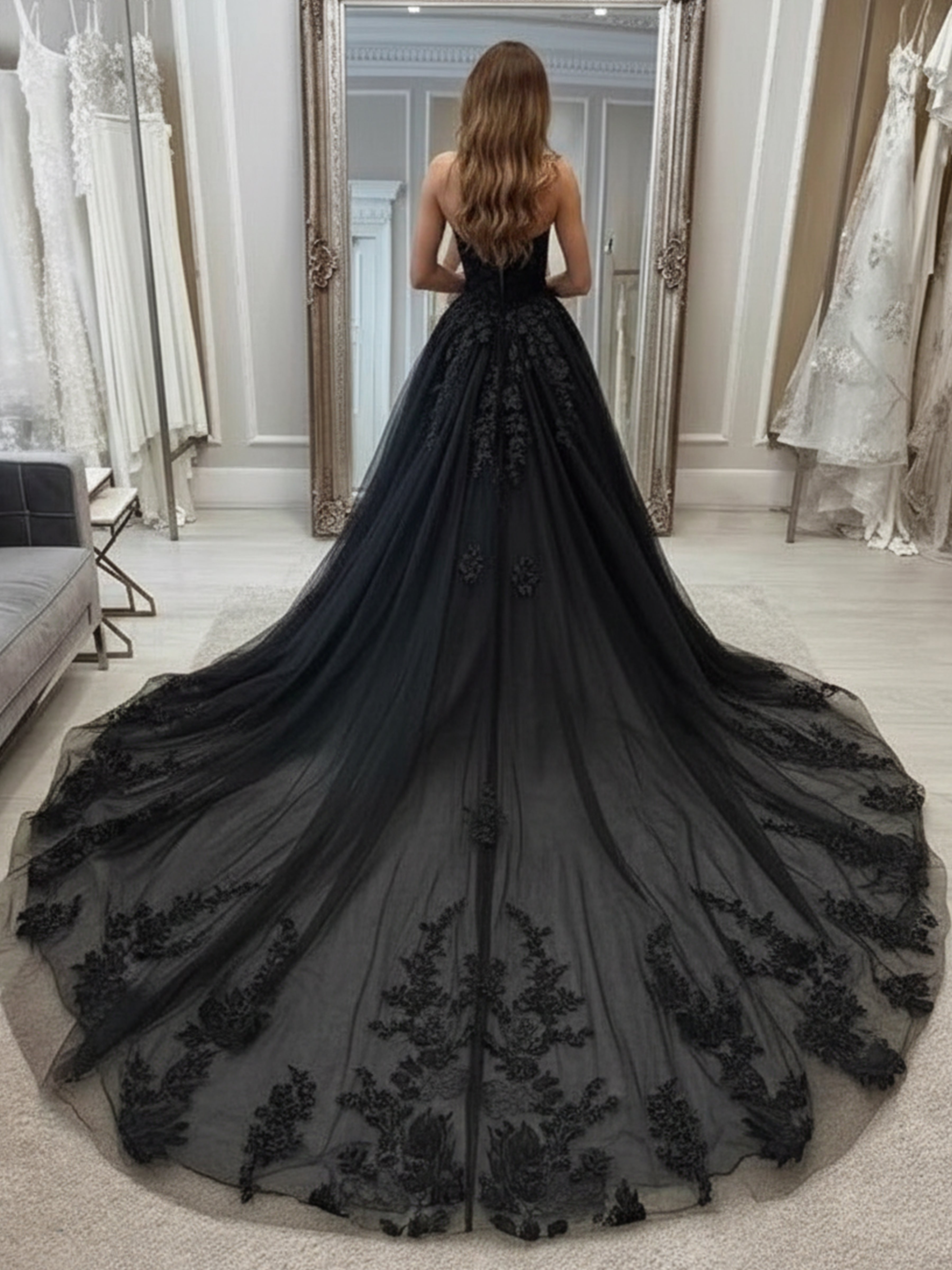 ROVDESY Strapless Sweetheart Lace Applique A-Line Wedding Dress with Cathedral Train