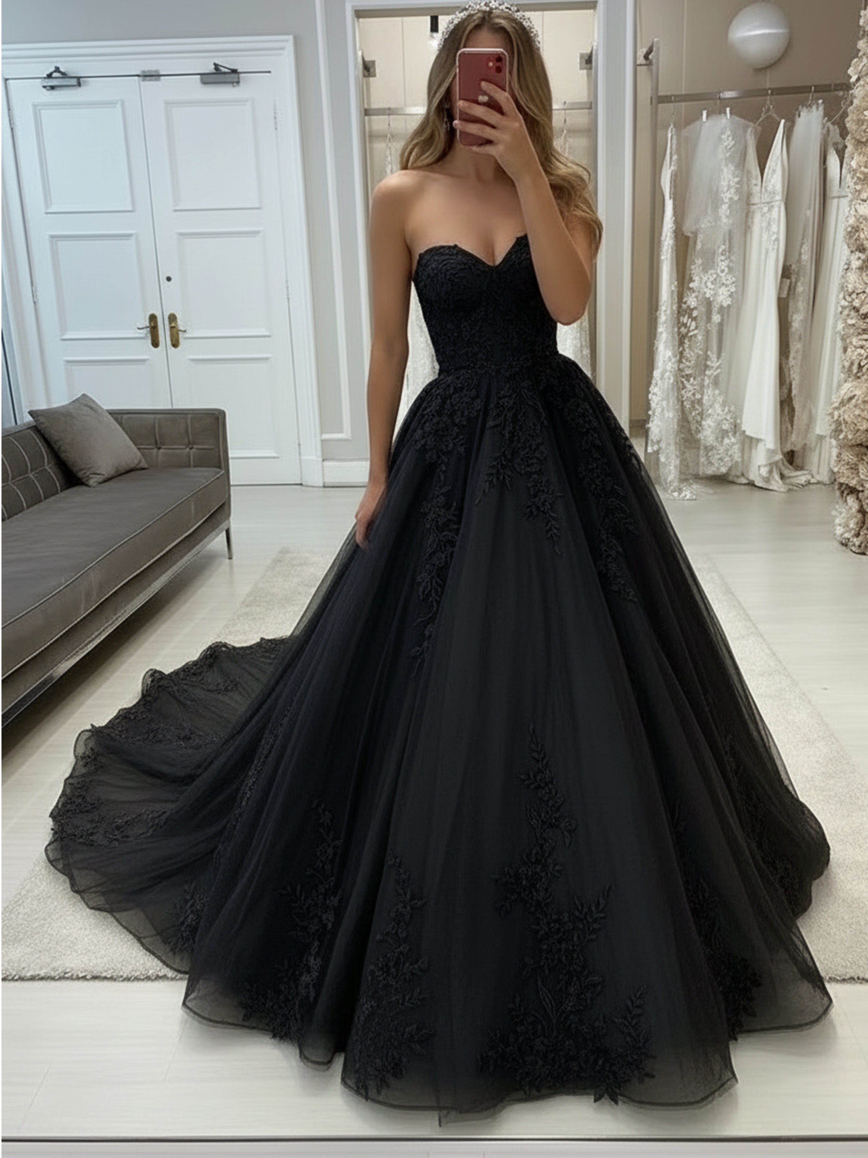 ROVDESY Strapless Sweetheart Lace Applique A-Line Wedding Dress with Cathedral Train