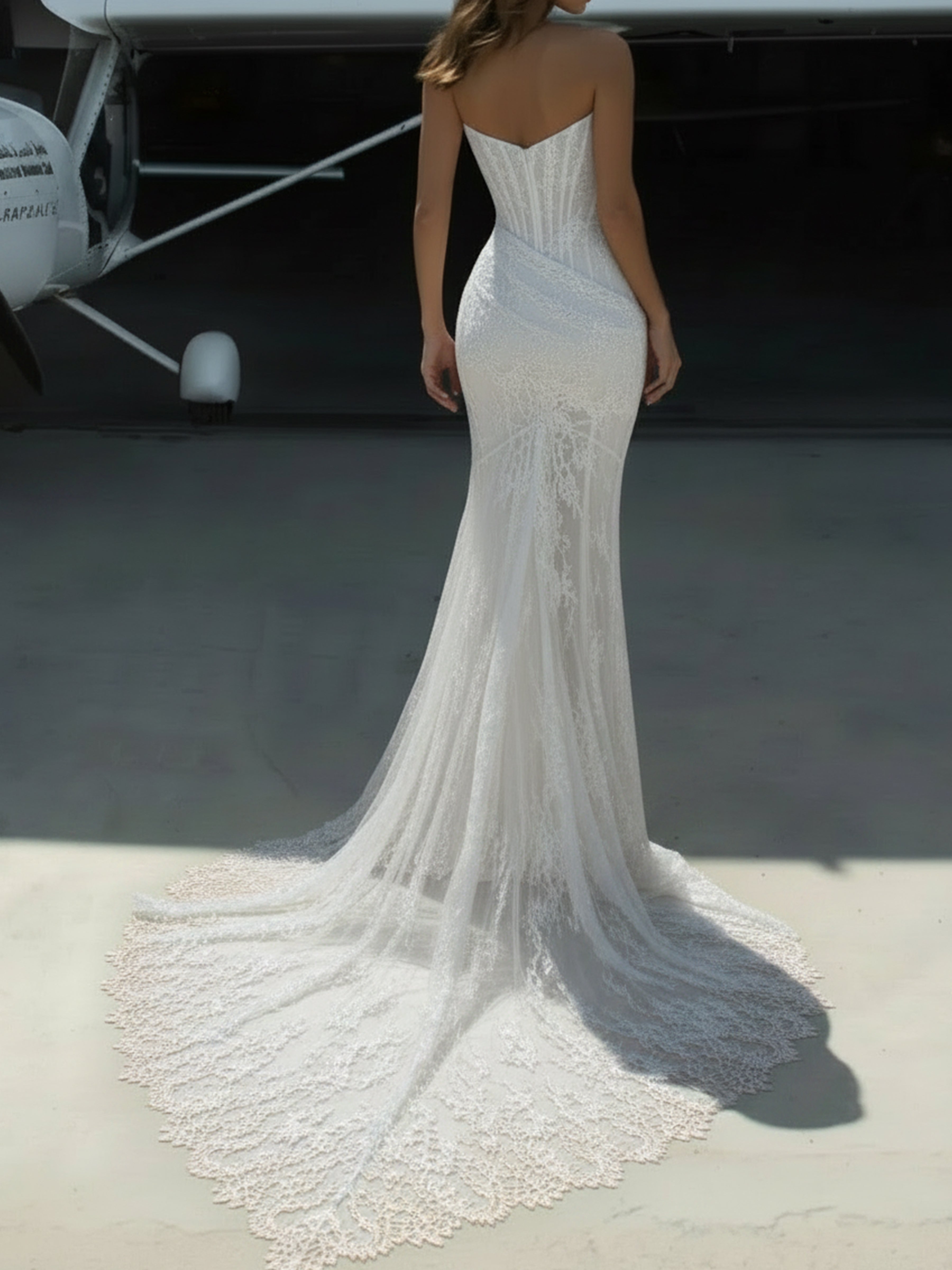 ROVDESY Strapless Sheer Lace Mermaid Wedding Dress with Corset Bodice And Lace Train