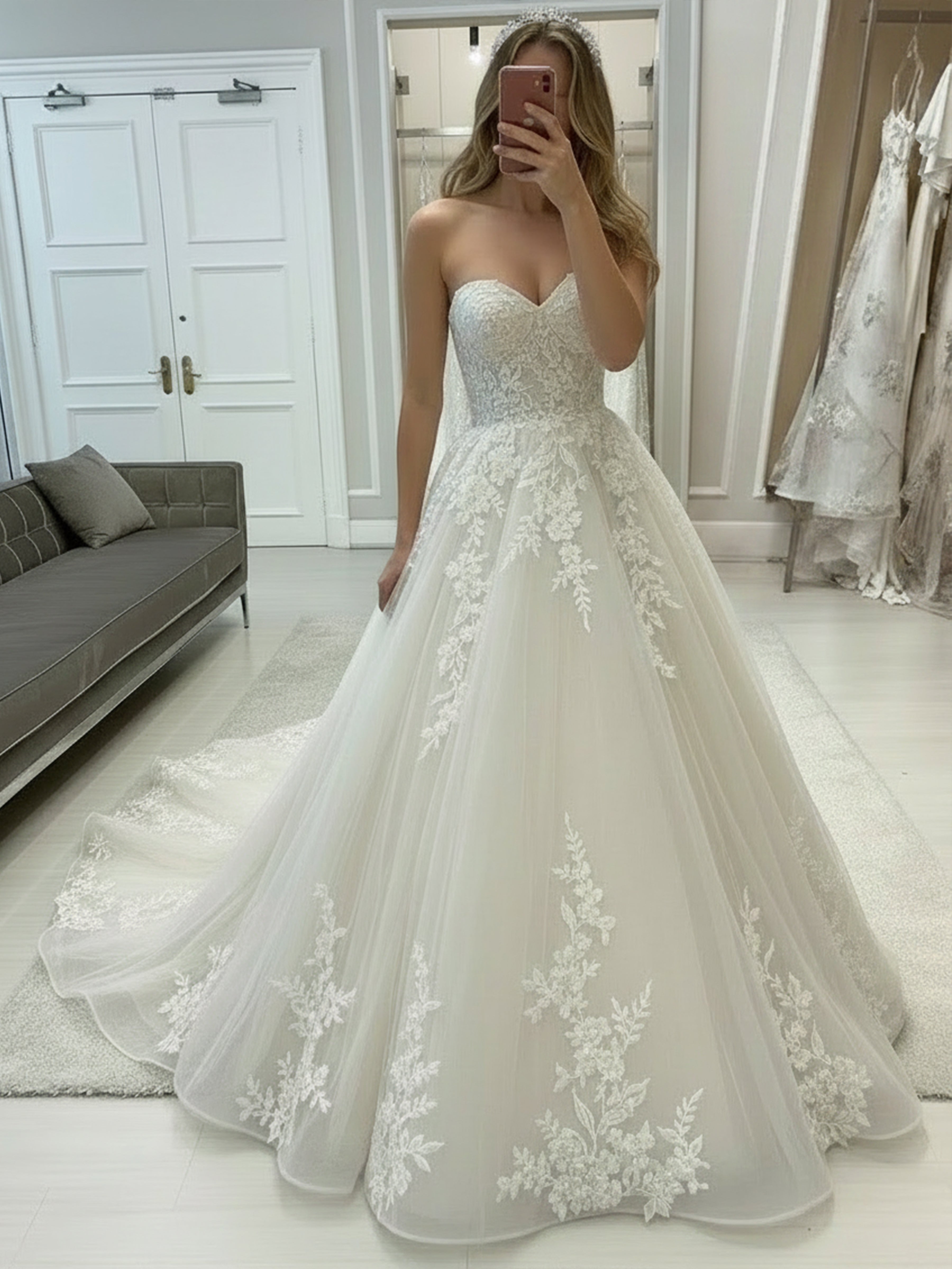 ROVDESY Strapless Sweetheart Lace Applique A-Line Wedding Dress with Cathedral Train