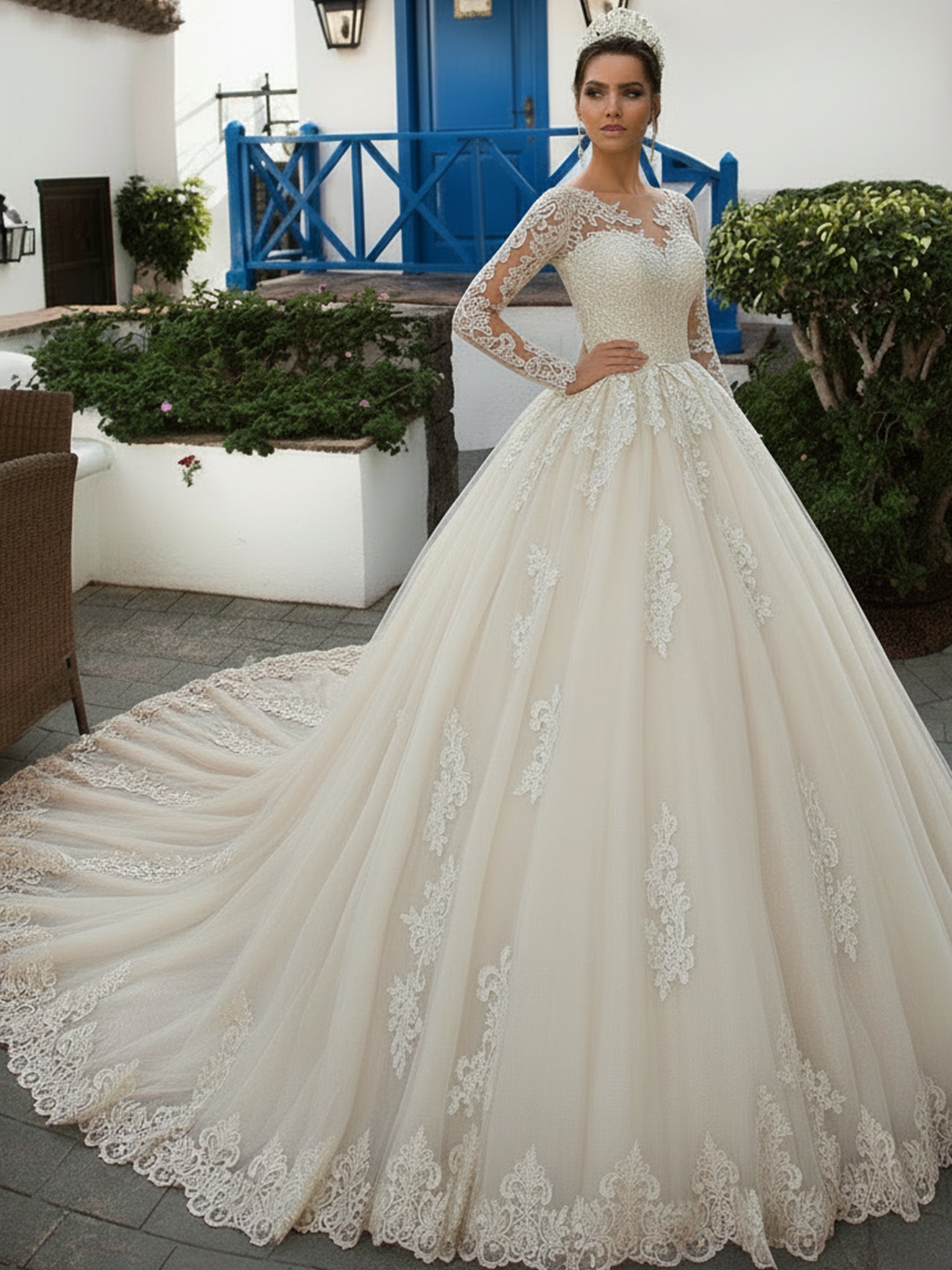 ROVDESY Long Sleeve Illusion Neck Lace A-Line Wedding Dress with Cathedral Train