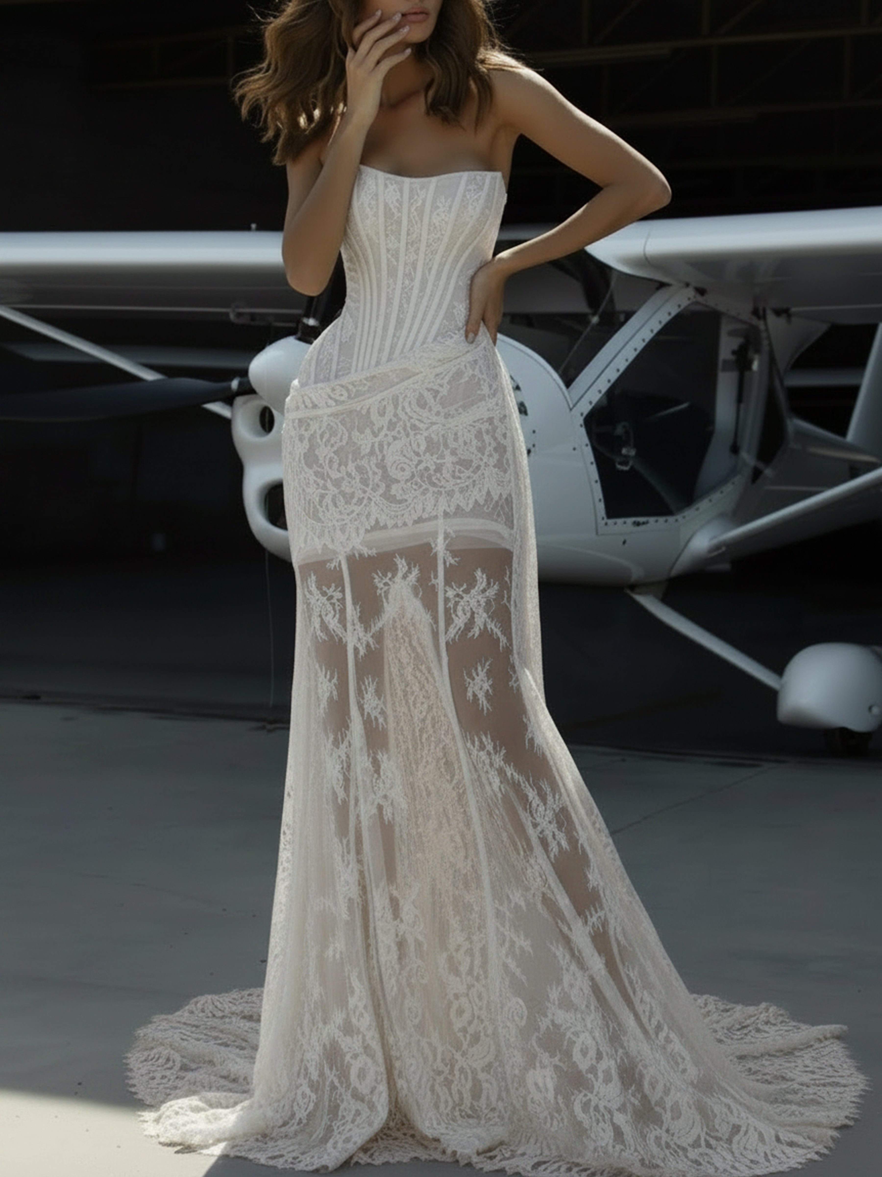 ROVDESY Strapless Sheer Lace Mermaid Wedding Dress with Corset Bodice And Lace Train