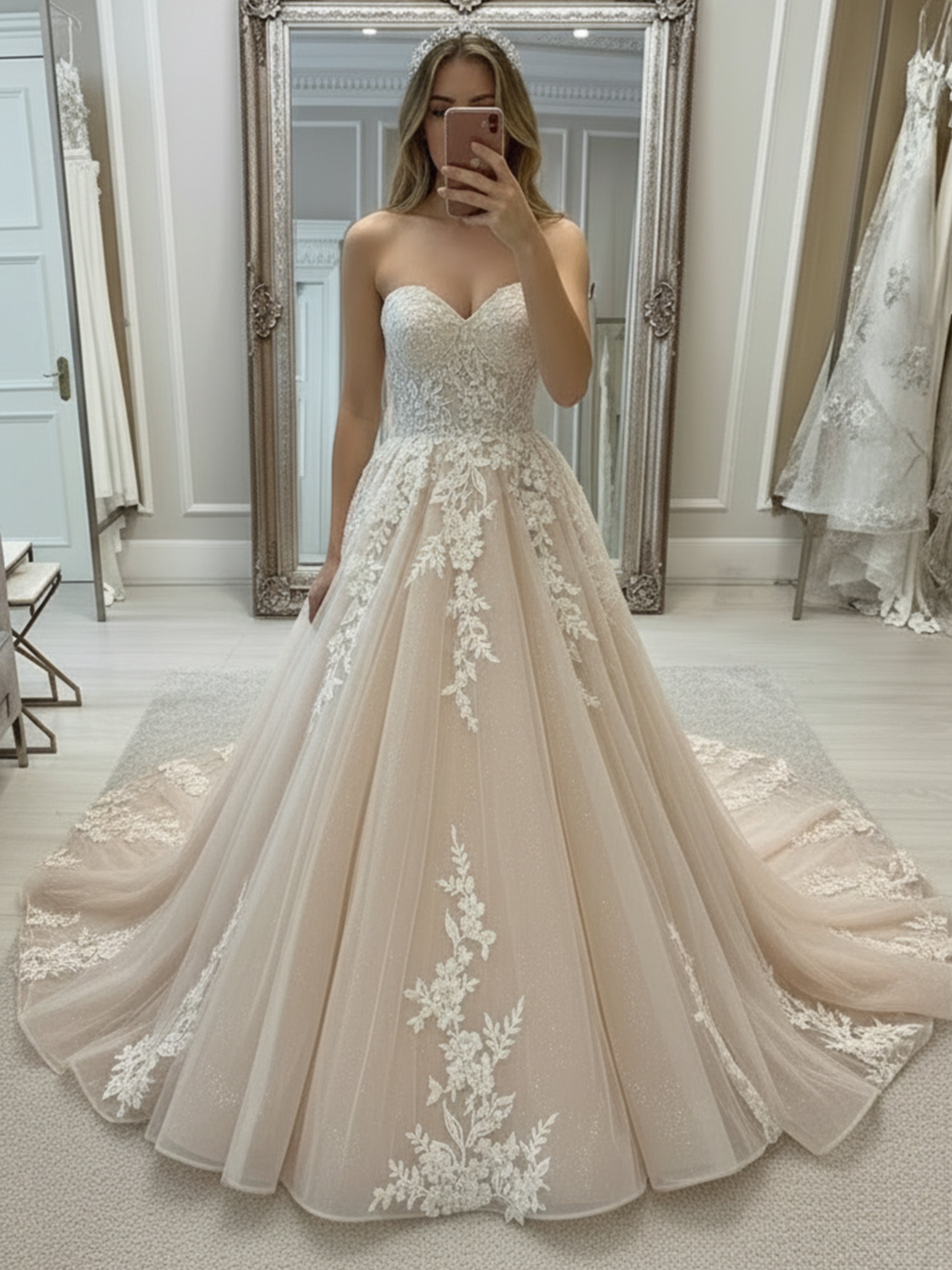 ROVDESY Strapless Sweetheart Lace Applique A-Line Wedding Dress with Cathedral Train