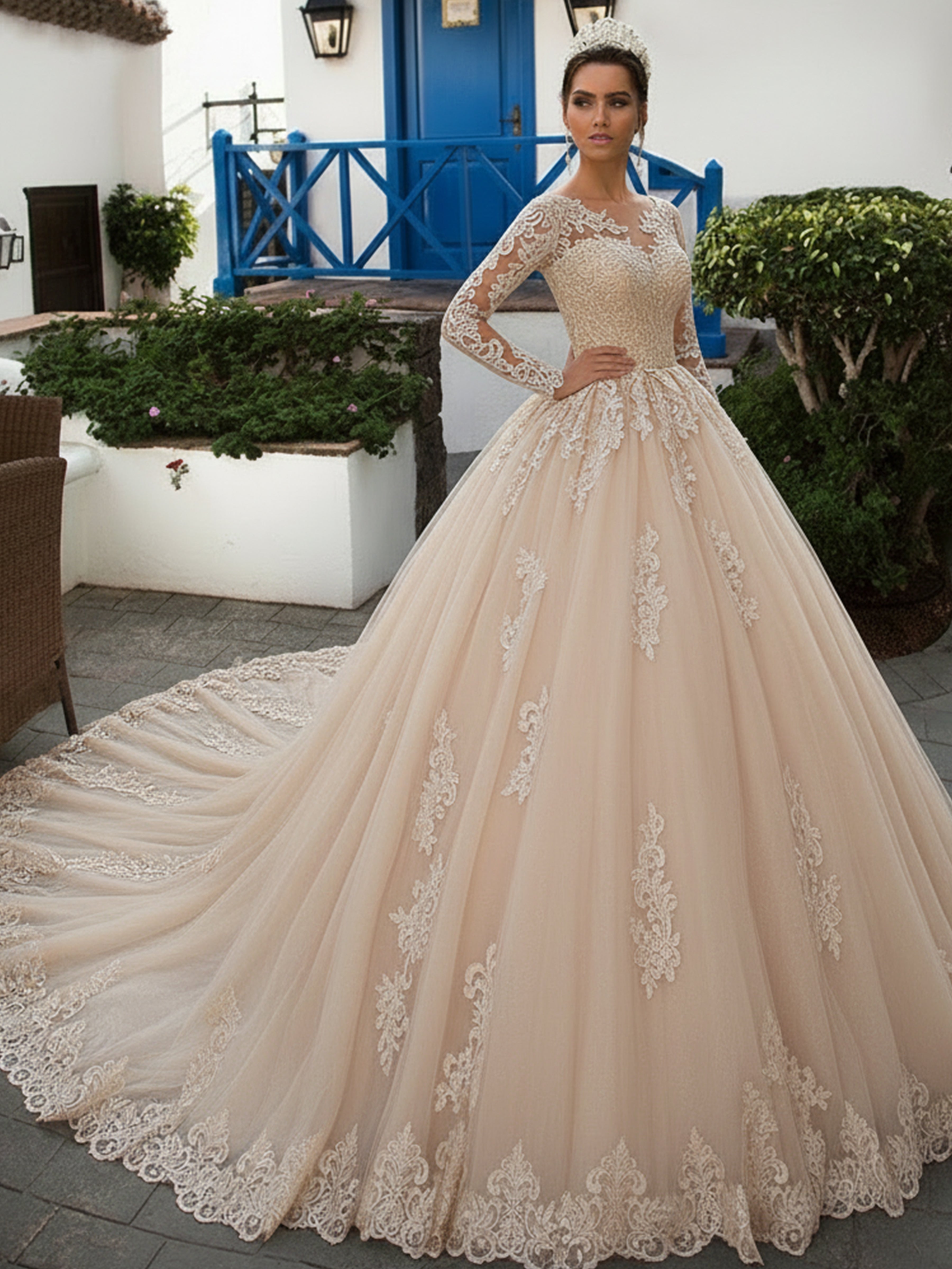 ROVDESY Long Sleeve Illusion Neck Lace A-Line Wedding Dress with Cathedral Train