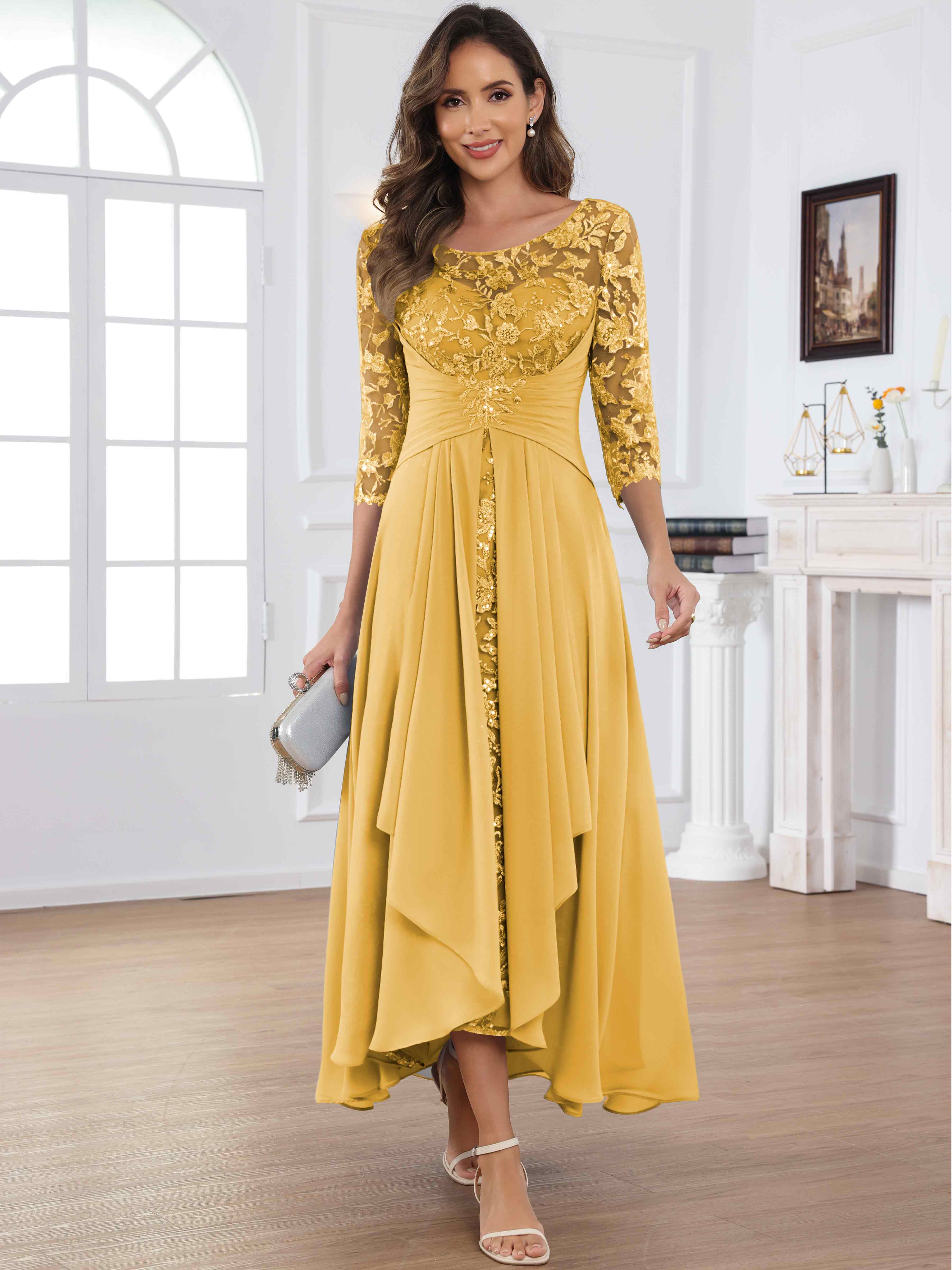 ROVDESY Tea Length Lace Chiffon Mother of The Bride Dress with 3/4 Sleeves