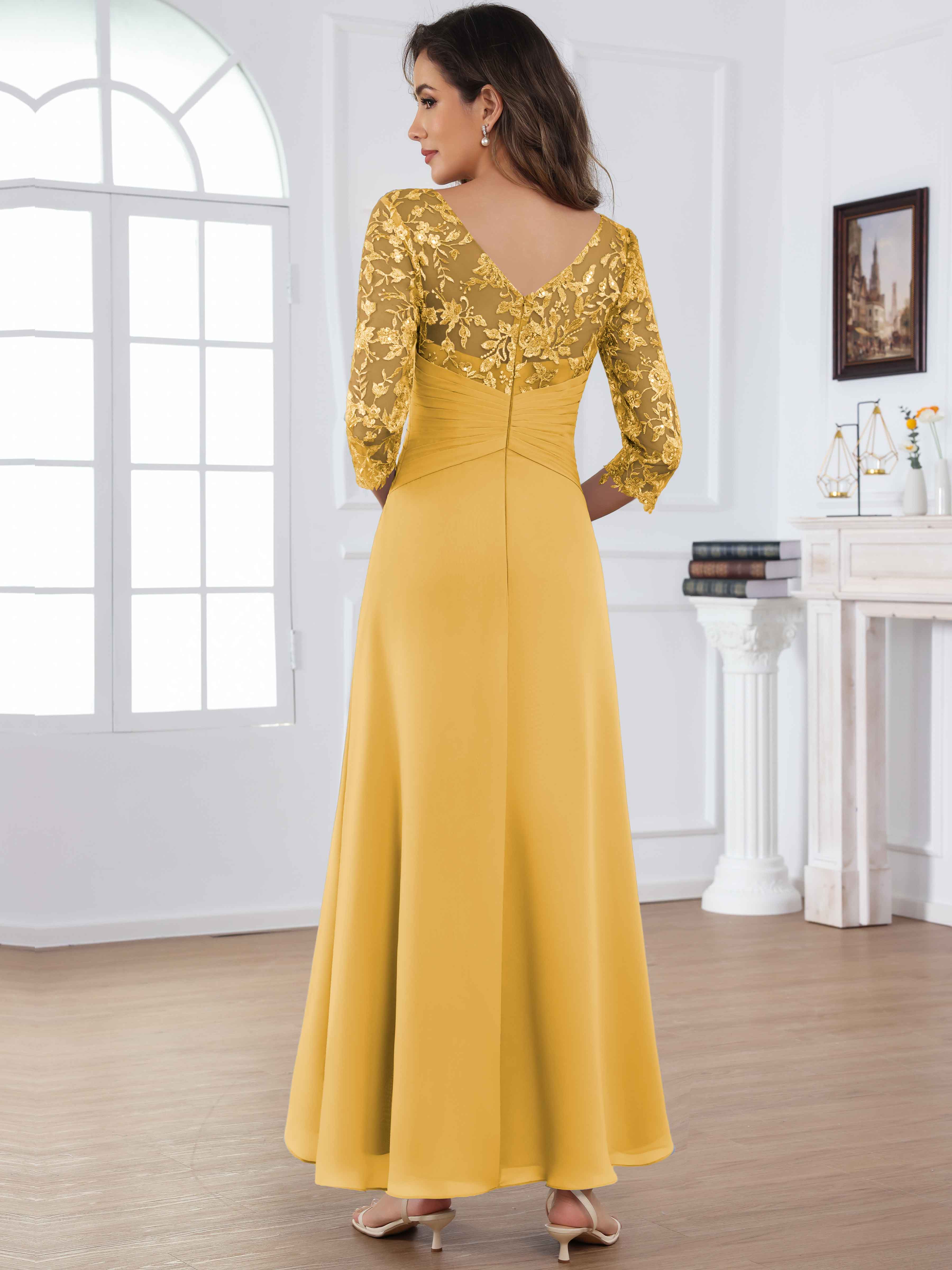 ROVDESY Tea Length Lace Chiffon Mother of The Bride Dress with 3/4 Sleeves