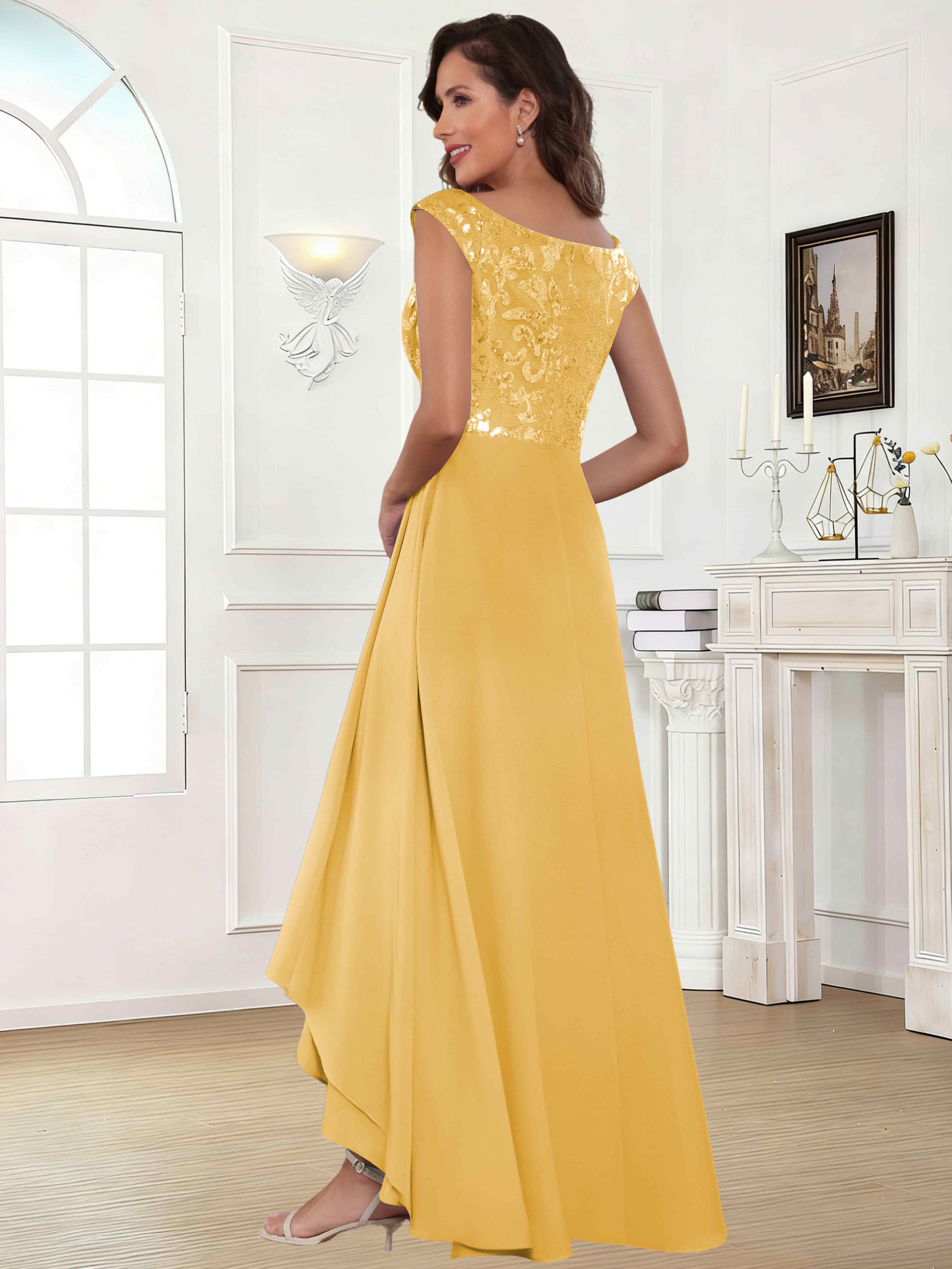 ROVDESY Tea Length Off-The-Shoulder Sequin Chiffon Mother Of The Bride Dress