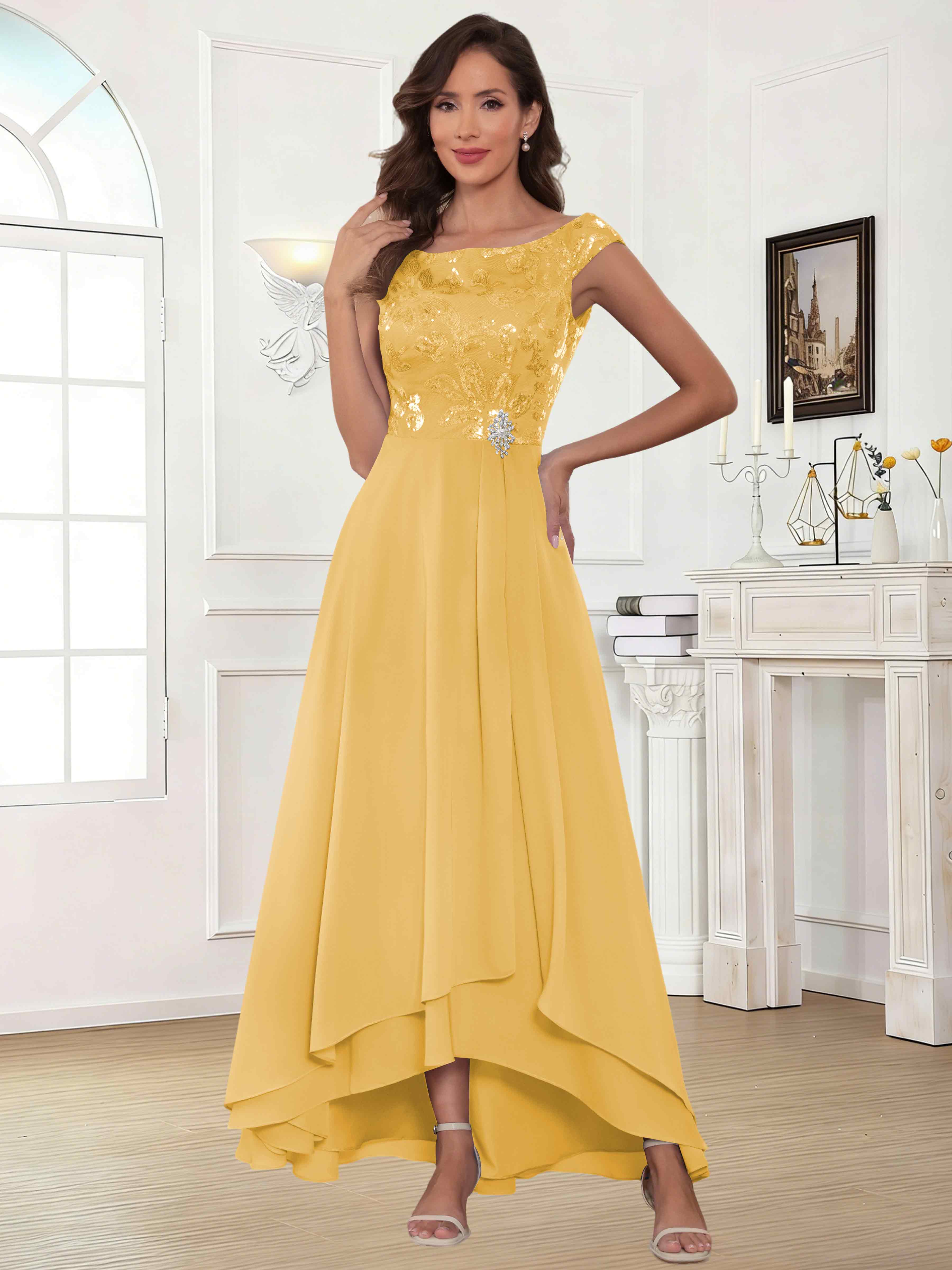 ROVDESY Tea Length Off-The-Shoulder Sequin Chiffon Mother Of The Bride Dress