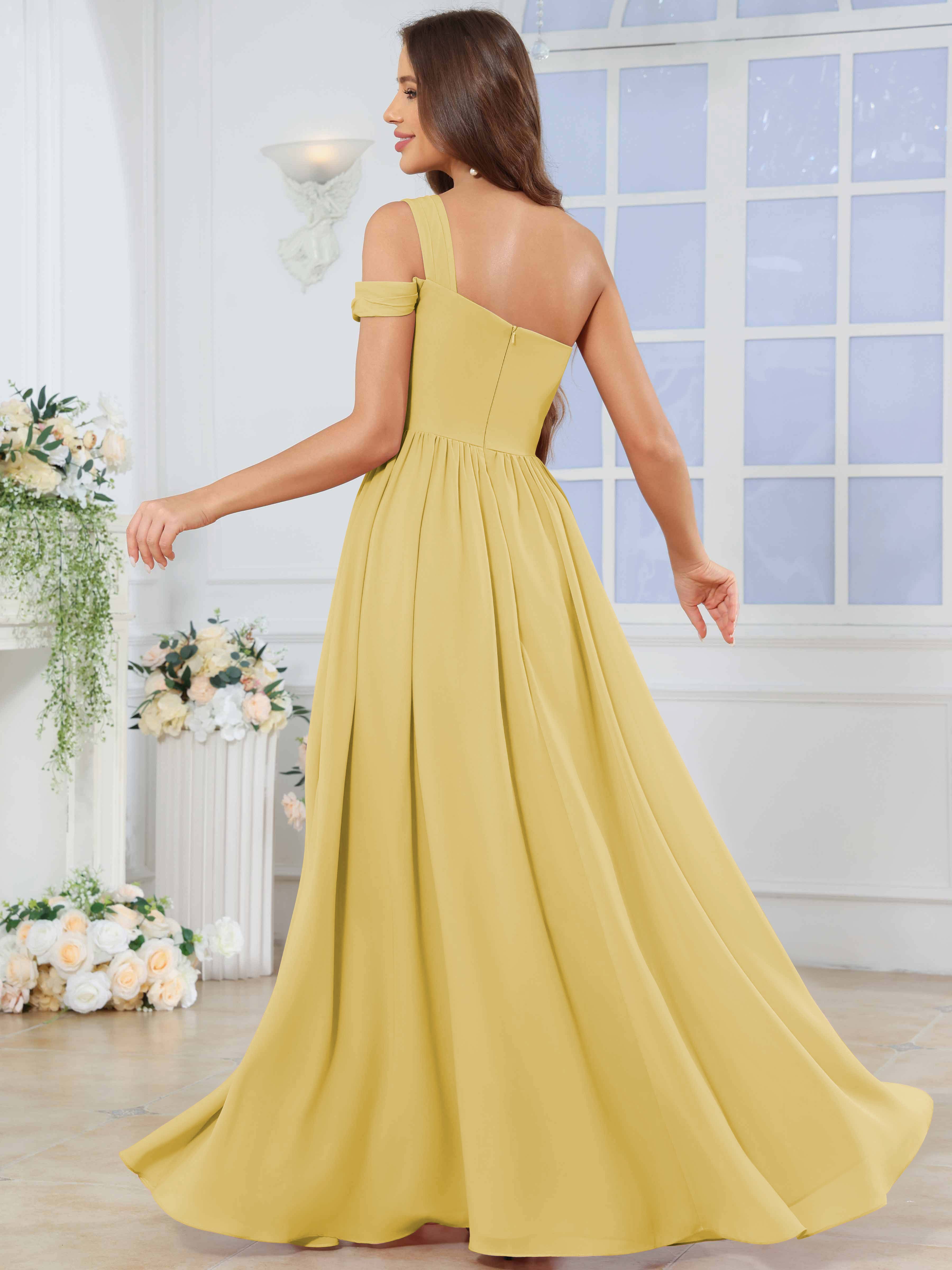 ROVDESY One Shoulder Pleated Chiffon Bridesmaid Dress With Slit