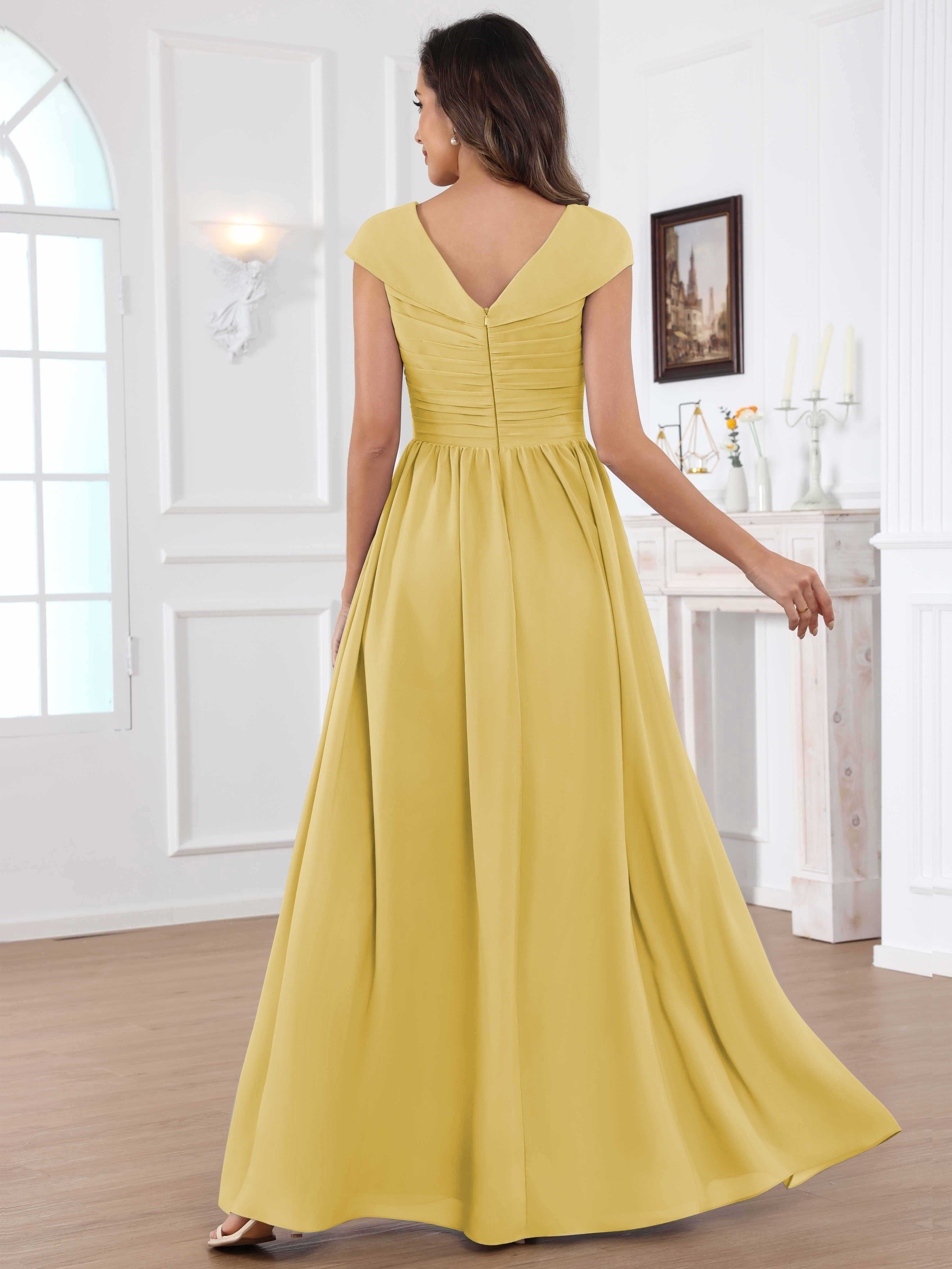 ROVDESY A-Line Cap Sleeves Pleated Chiffon Mother Of The Bride Dress