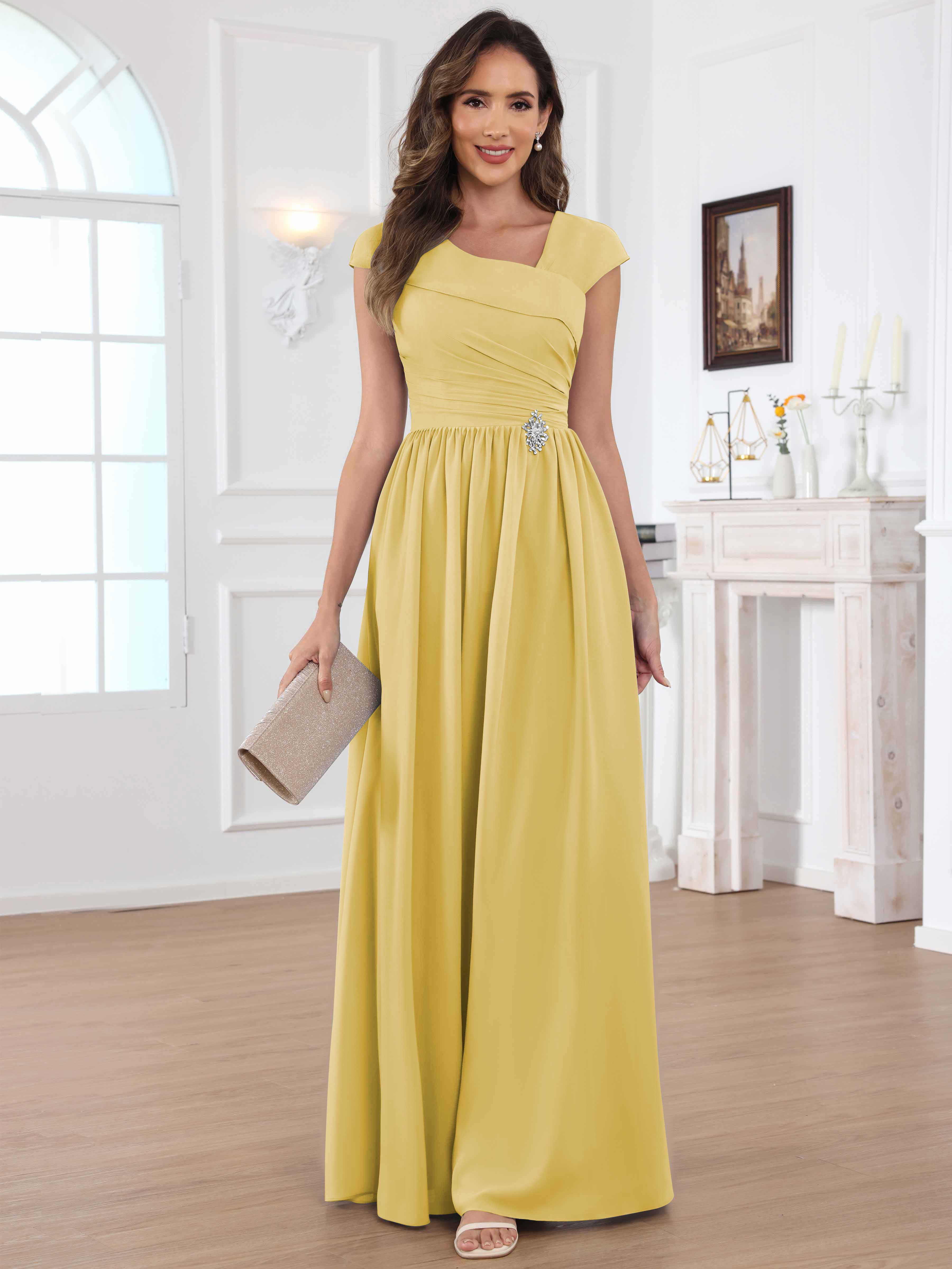 ROVDESY A-Line Cap Sleeves Pleated Chiffon Mother Of The Bride Dress