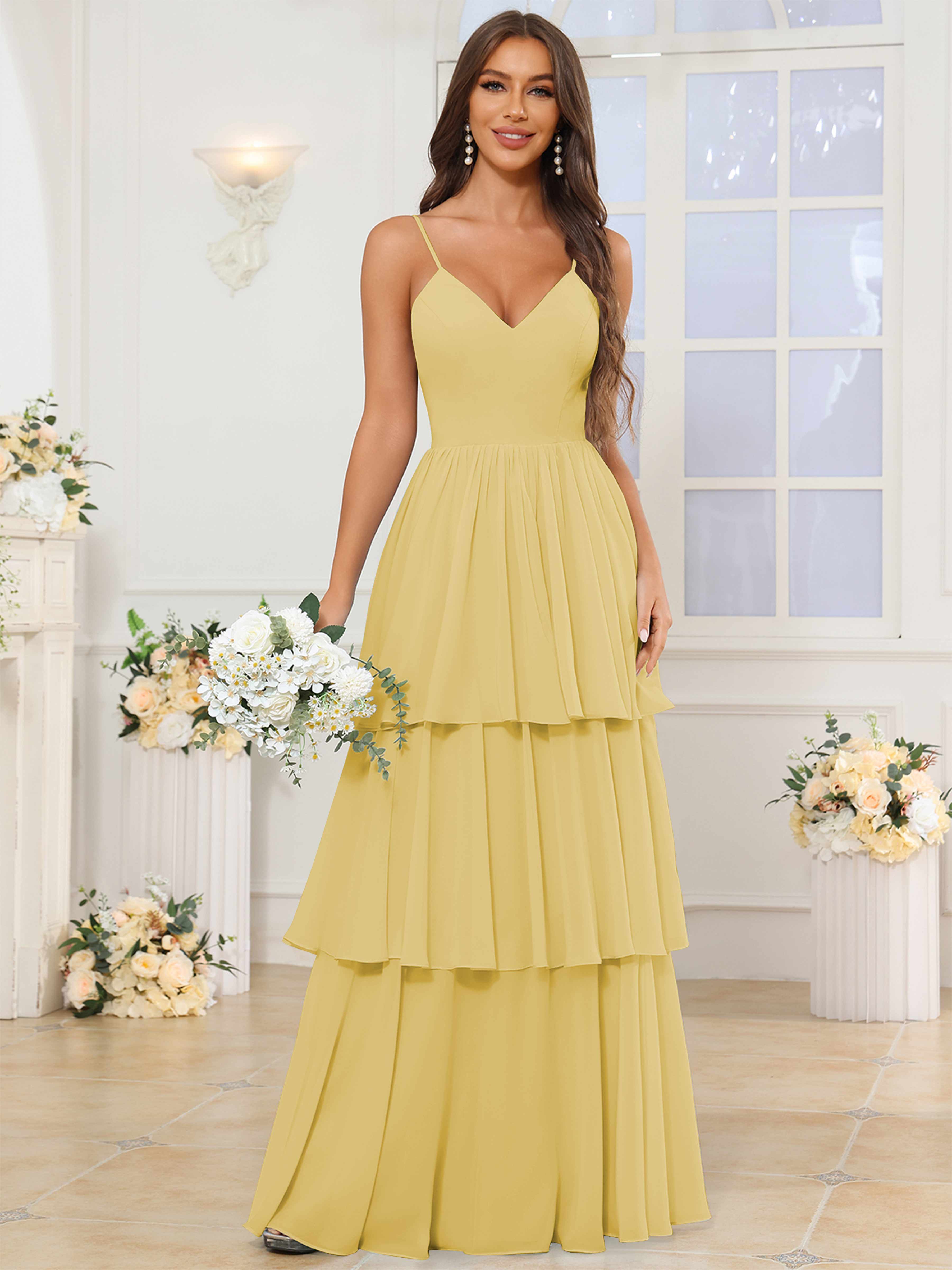 ROVDESY V-Neck Spaghetti Straps Tiered Chiffon Bridesmaid Dress With Ruffles