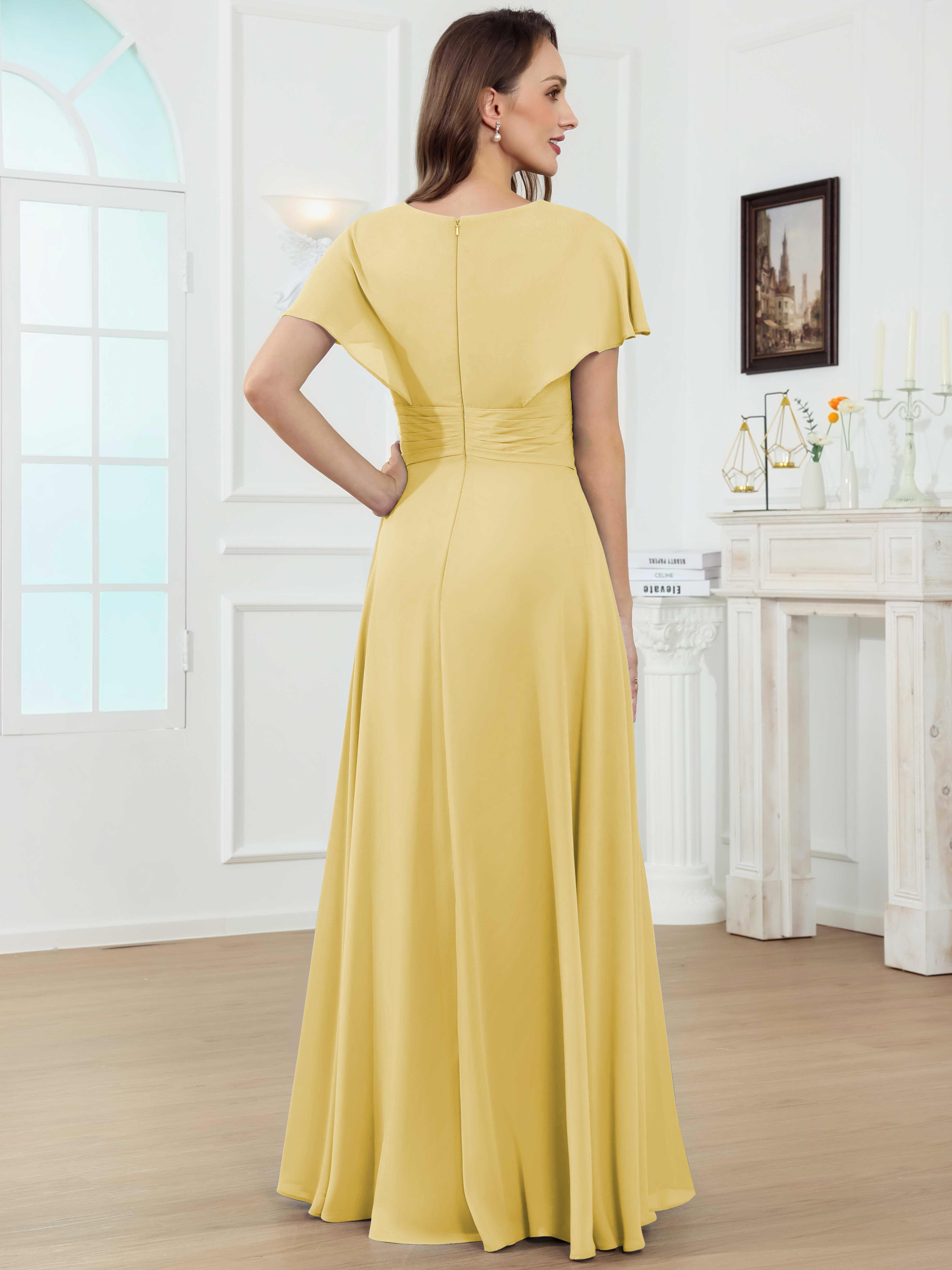 ROVDESY A-Line V-Neck Pleated Lace Chiffon Mother Of The Bride Dress With Short Sleeves