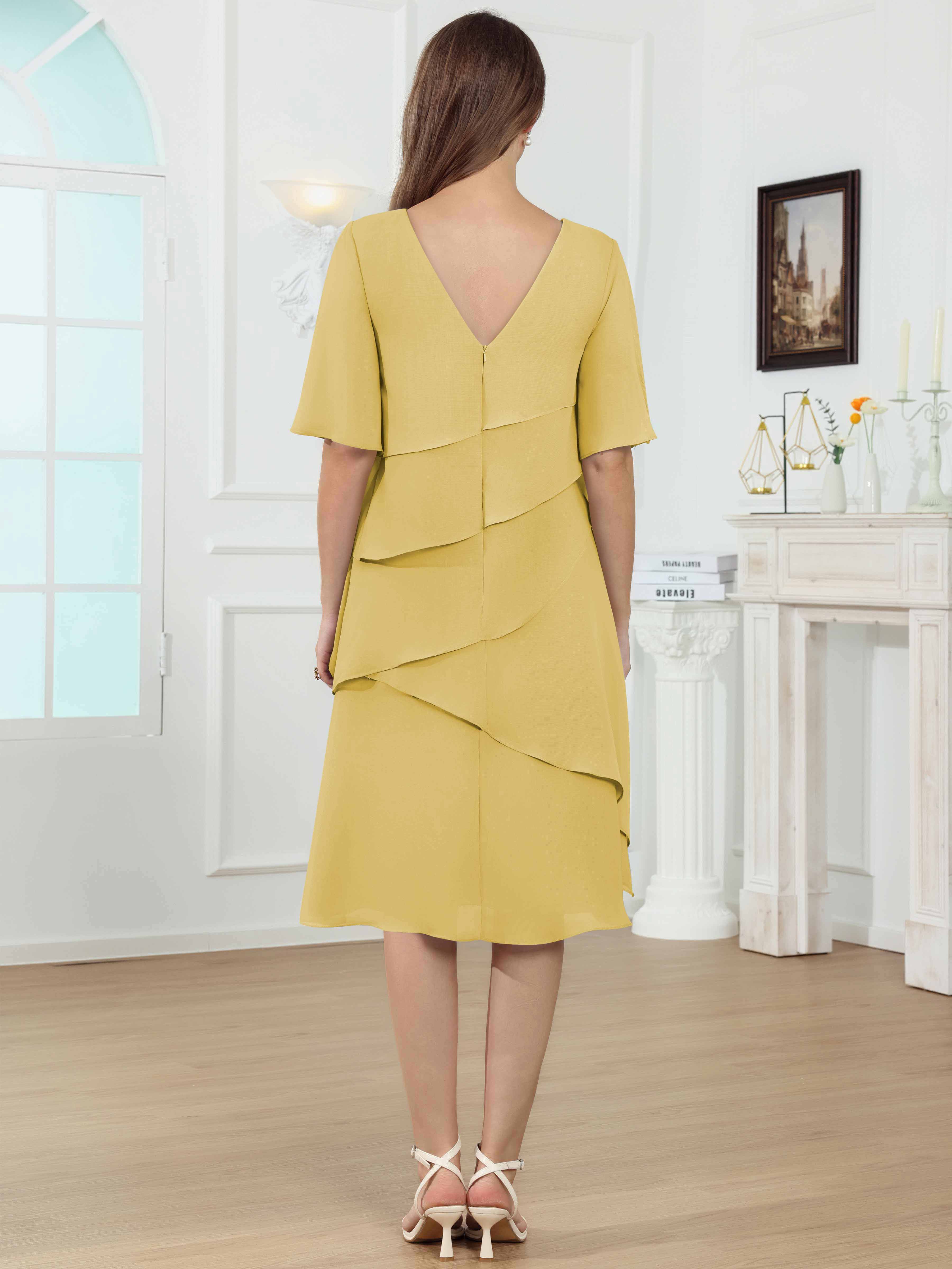 ROVDESY Knee Length Tiered Ruffle Chiffon Mother Of The Bride Dress With Half Sleeves
