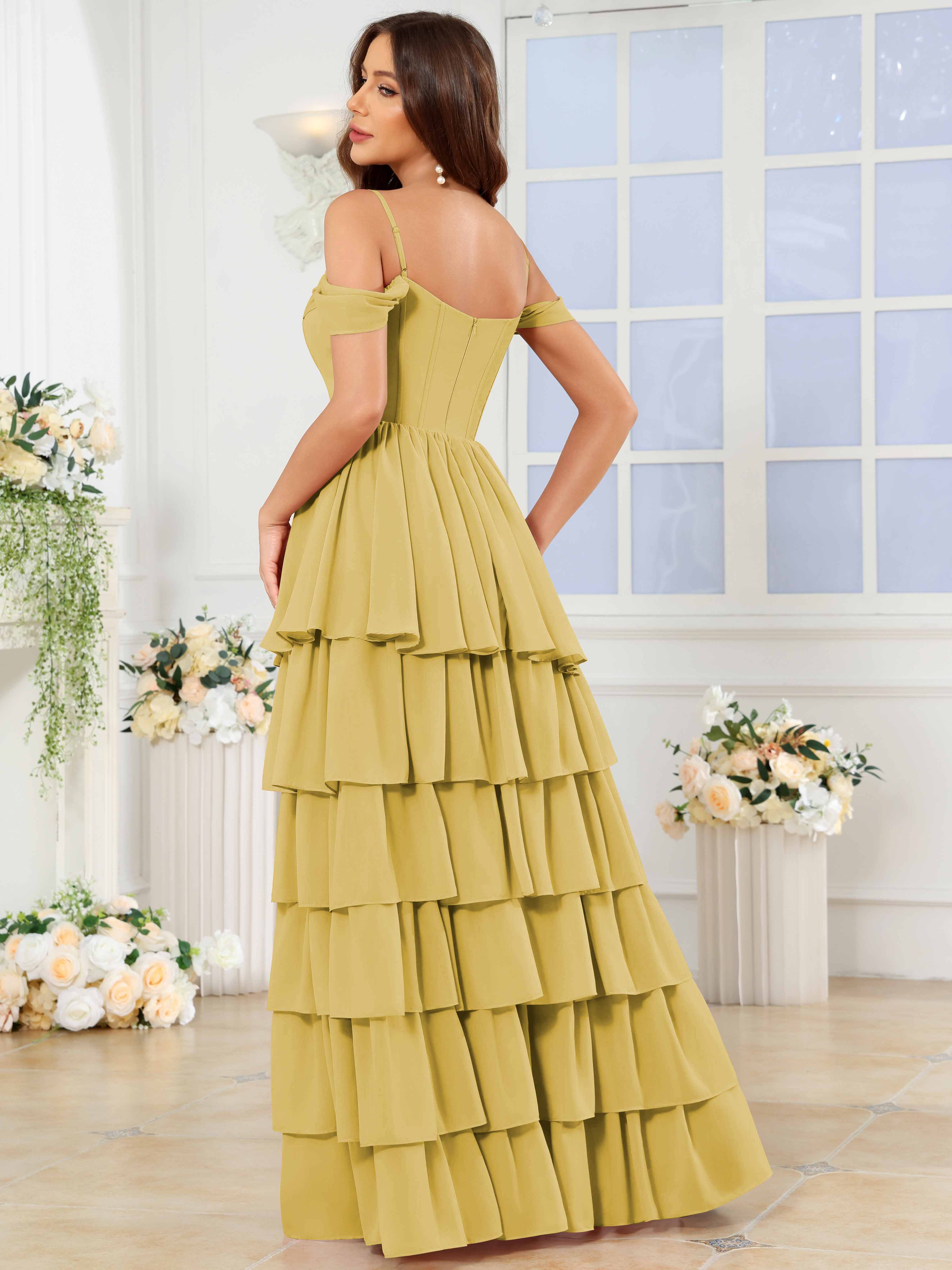 ROVDESY A-Line Off The Shoulder Tiered Chiffon Bridesmaid/Prom Dress With Slit