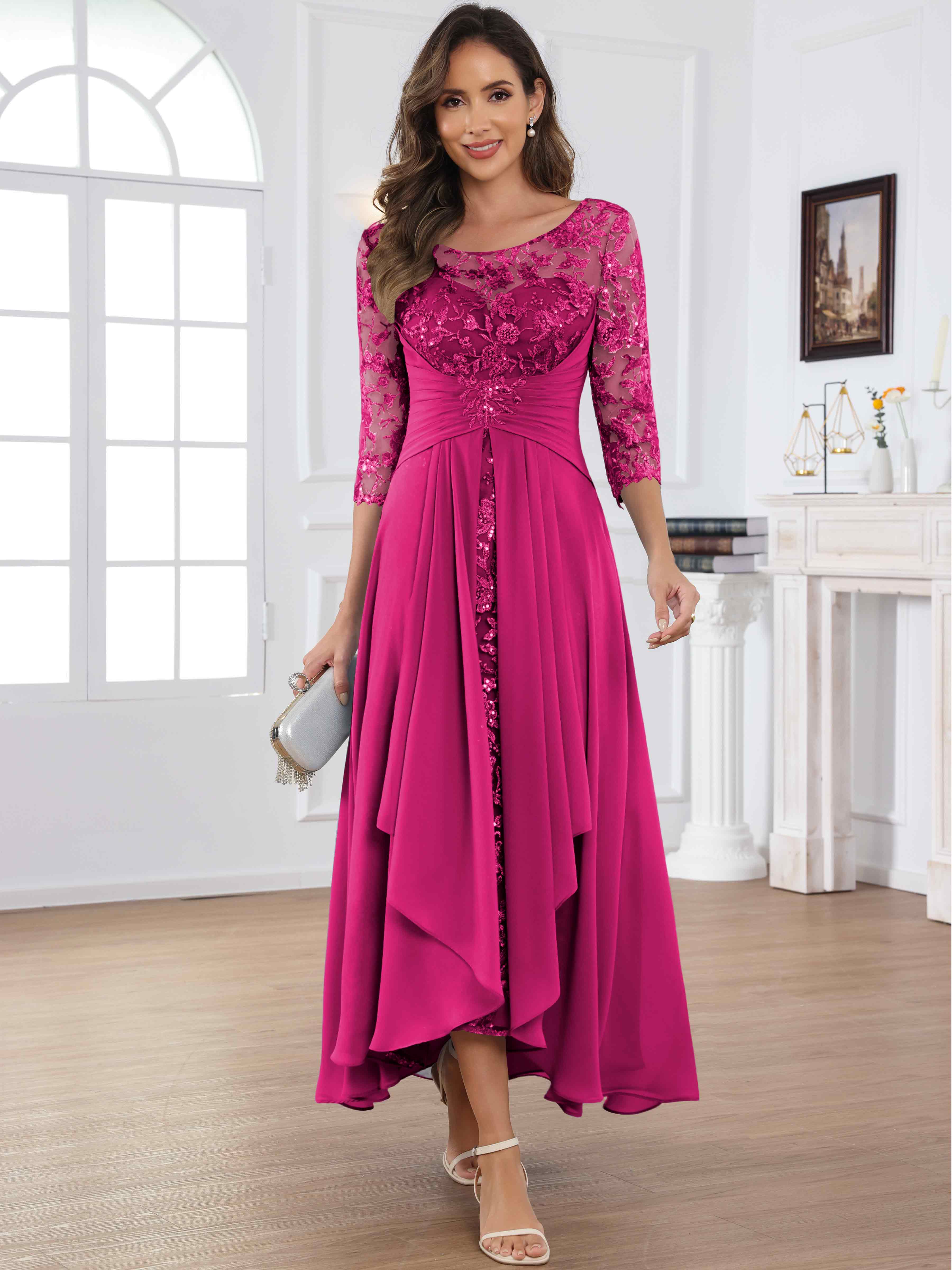 ROVDESY Tea Length Lace Chiffon Mother of The Bride Dress with 3/4 Sleeves