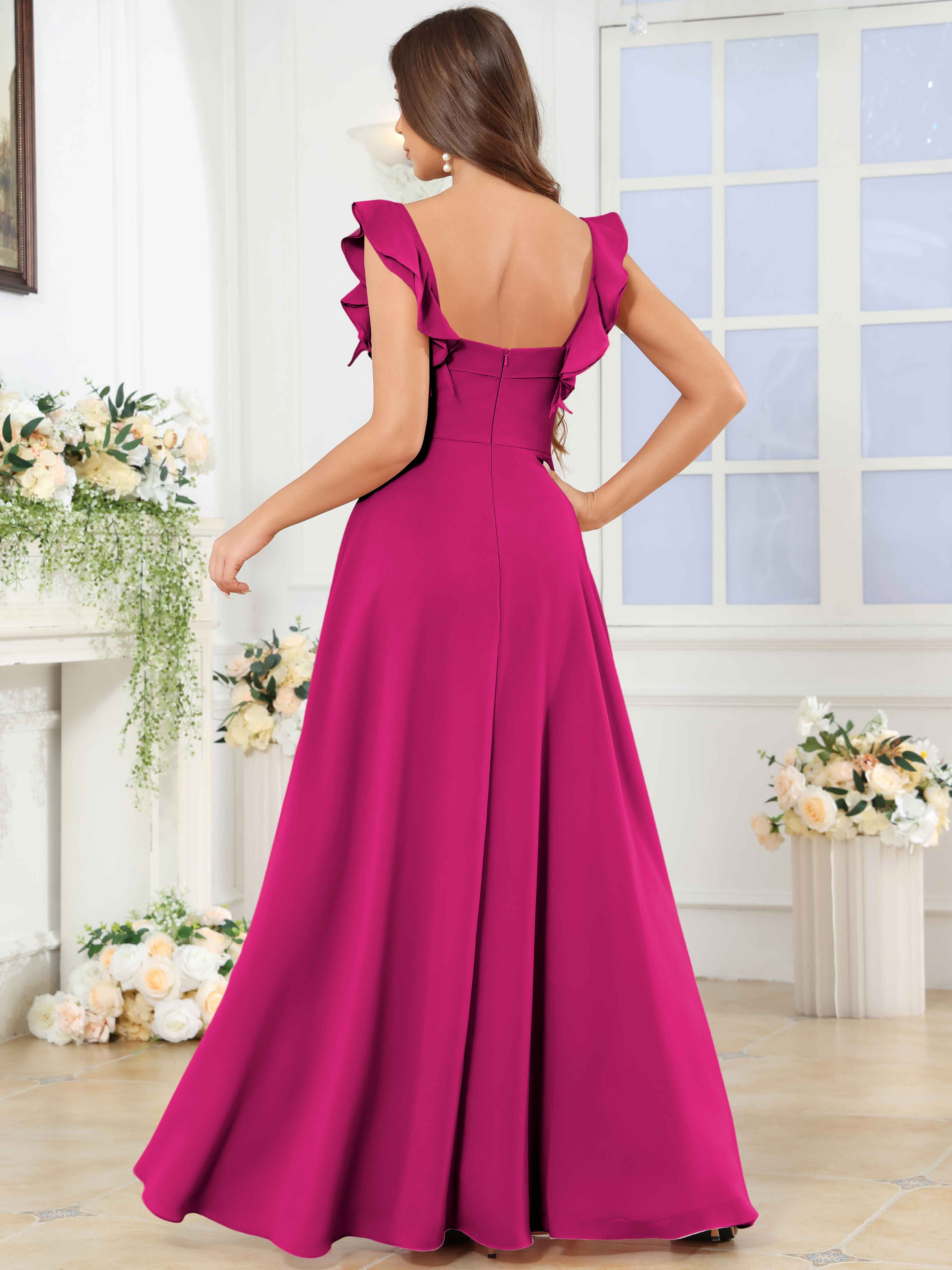 ROVDESY Square Neck Ruffle Chffion Bridesmaid Dress With Slit
