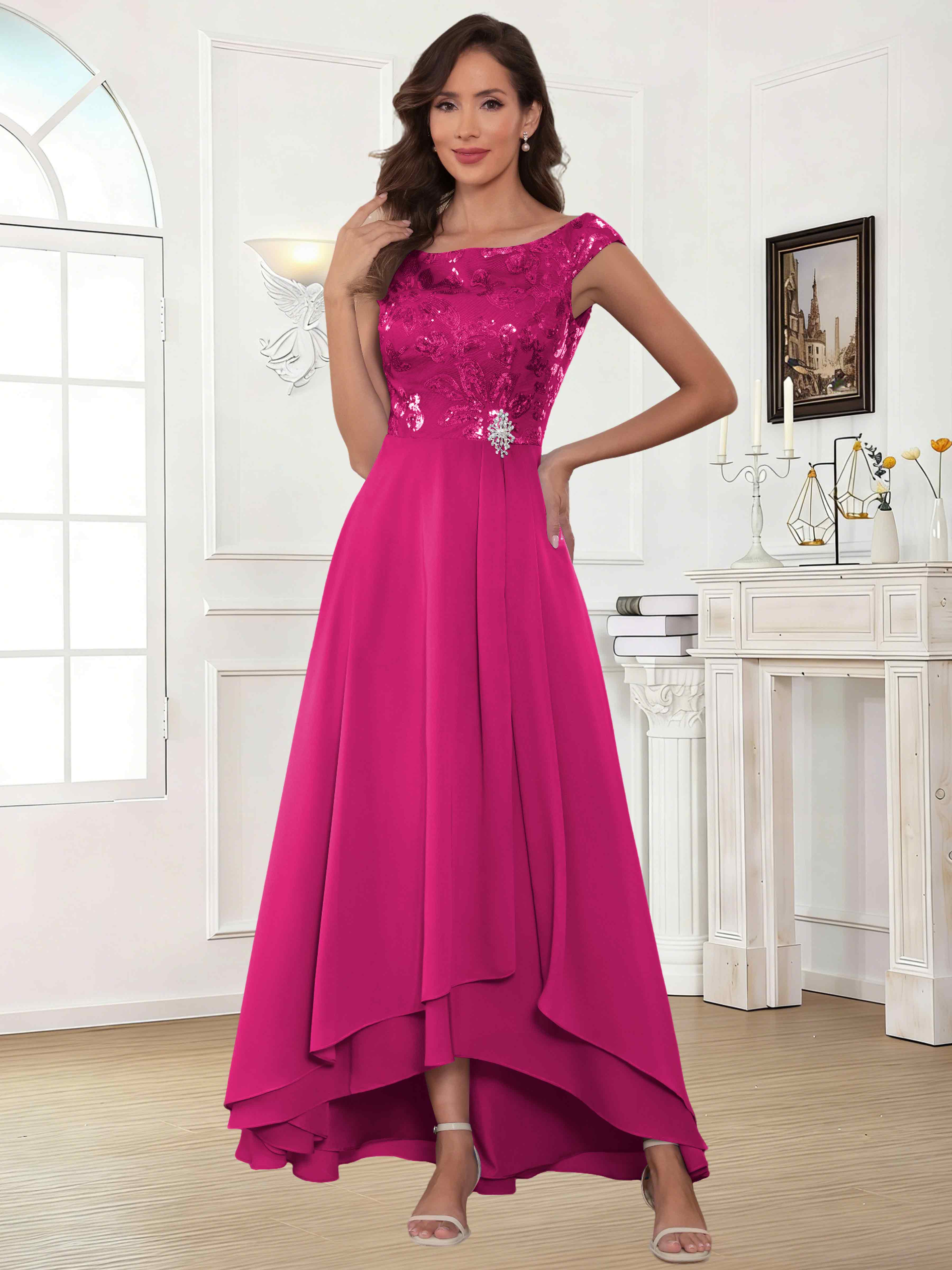 ROVDESY Tea Length Off-The-Shoulder Sequin Chiffon Mother Of The Bride Dress