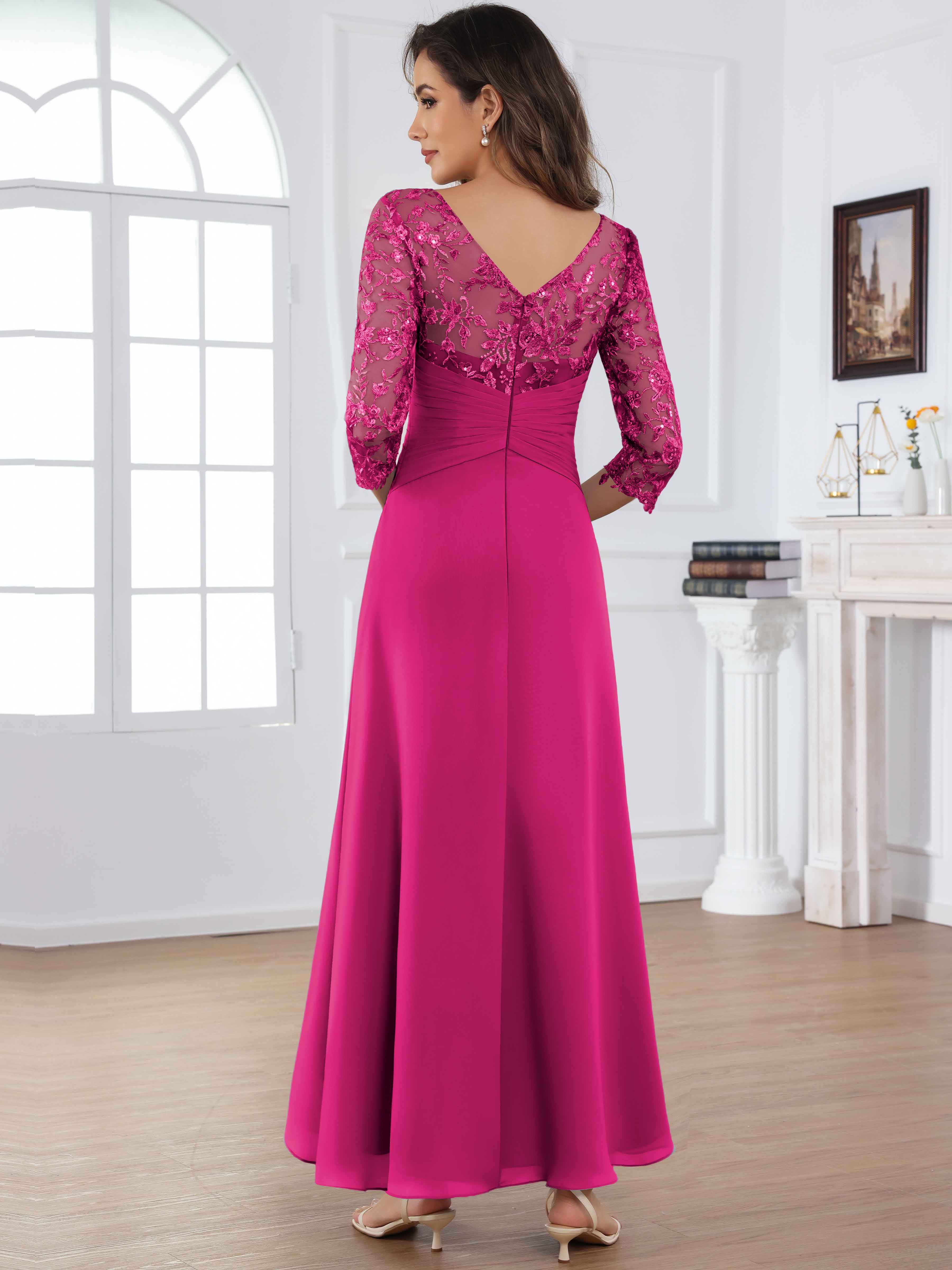 ROVDESY Tea Length Lace Chiffon Mother of The Bride Dress with 3/4 Sleeves