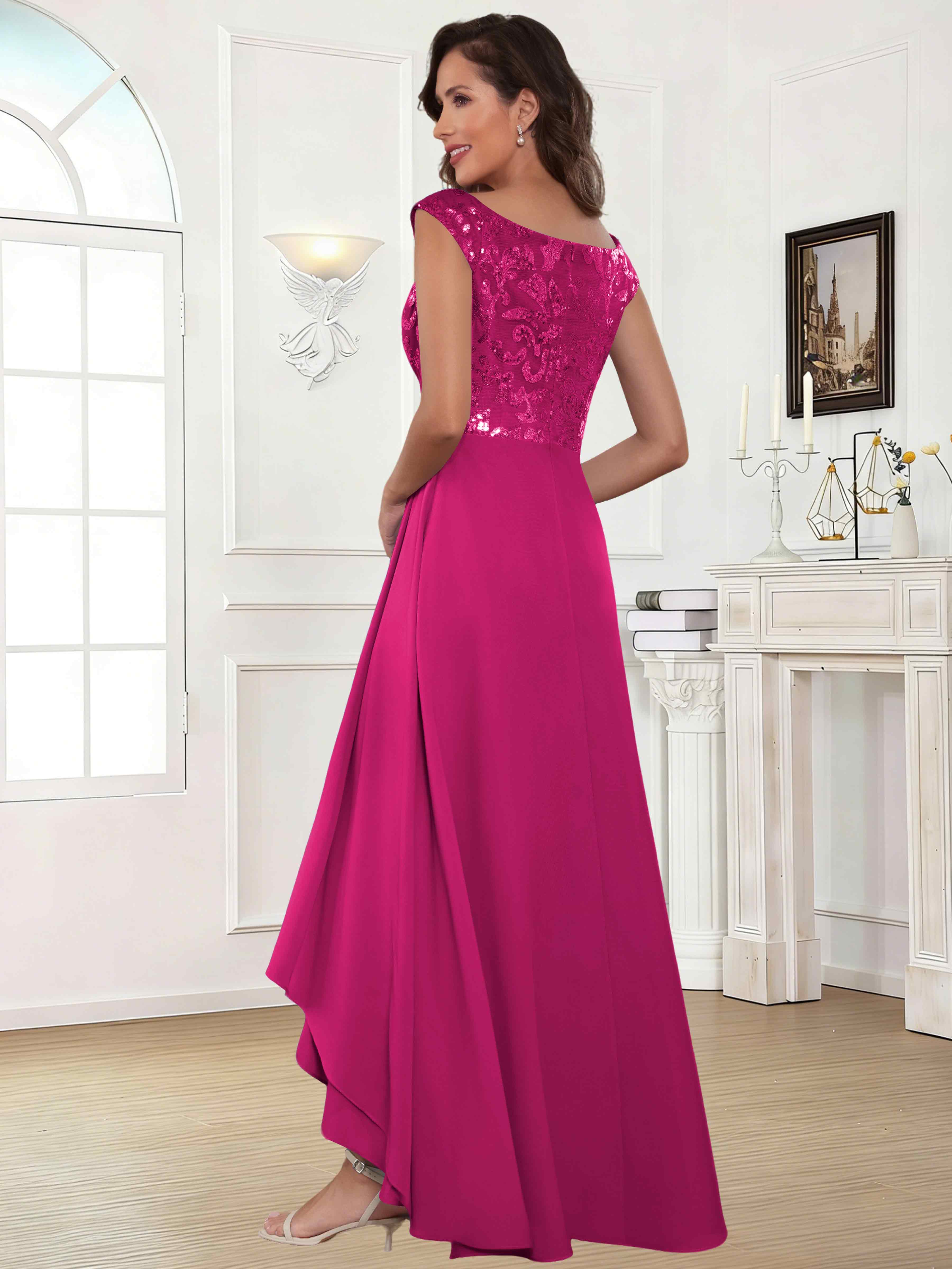 ROVDESY Tea Length Off-The-Shoulder Sequin Chiffon Mother Of The Bride Dress