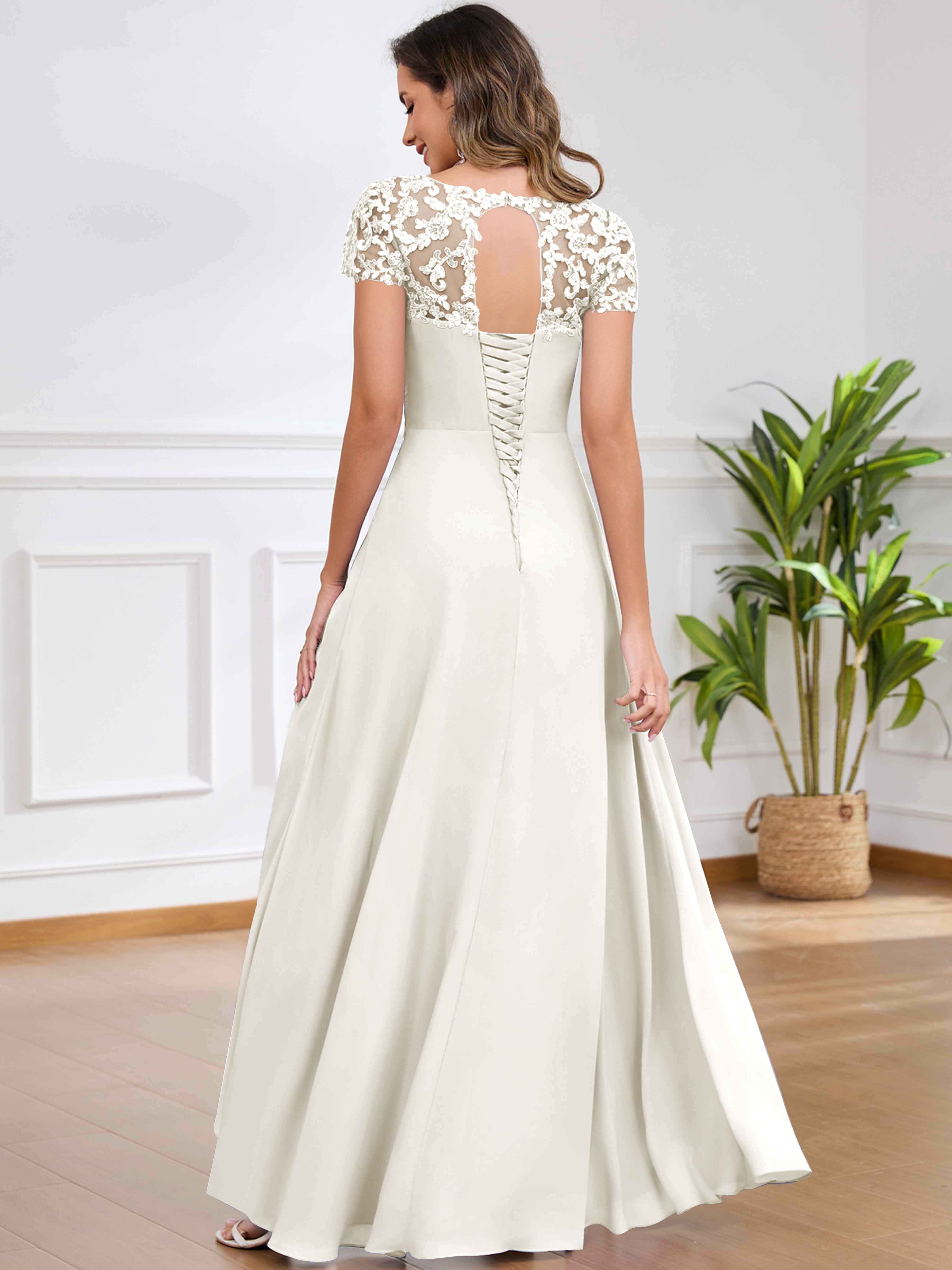 ROVDESY A-Line Pleated Lace Sequin Ruffle Chiffon Mother Of The Bride Dress With Slit
