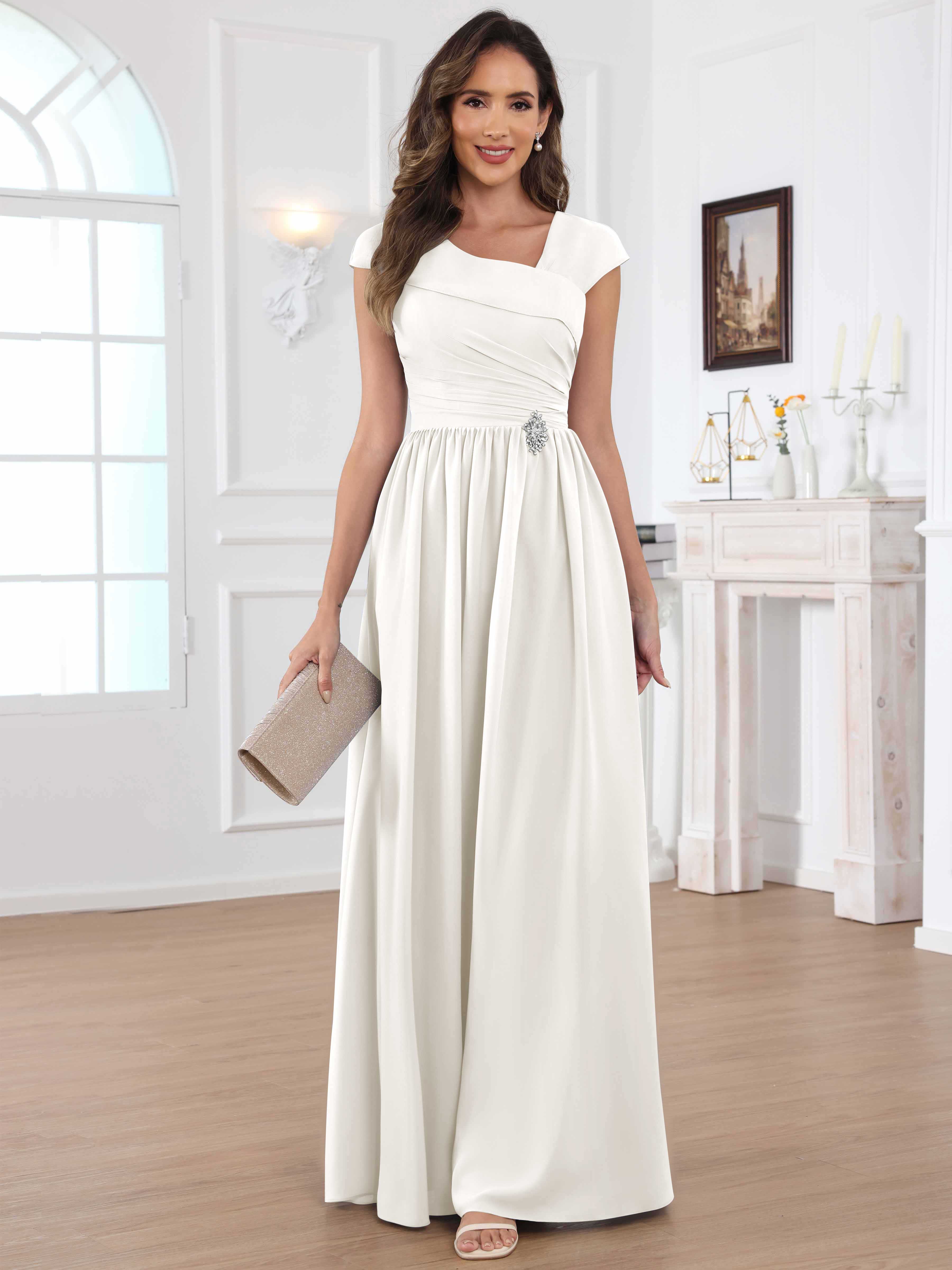 ROVDESY A-Line Cap Sleeves Pleated Chiffon Mother Of The Bride Dress