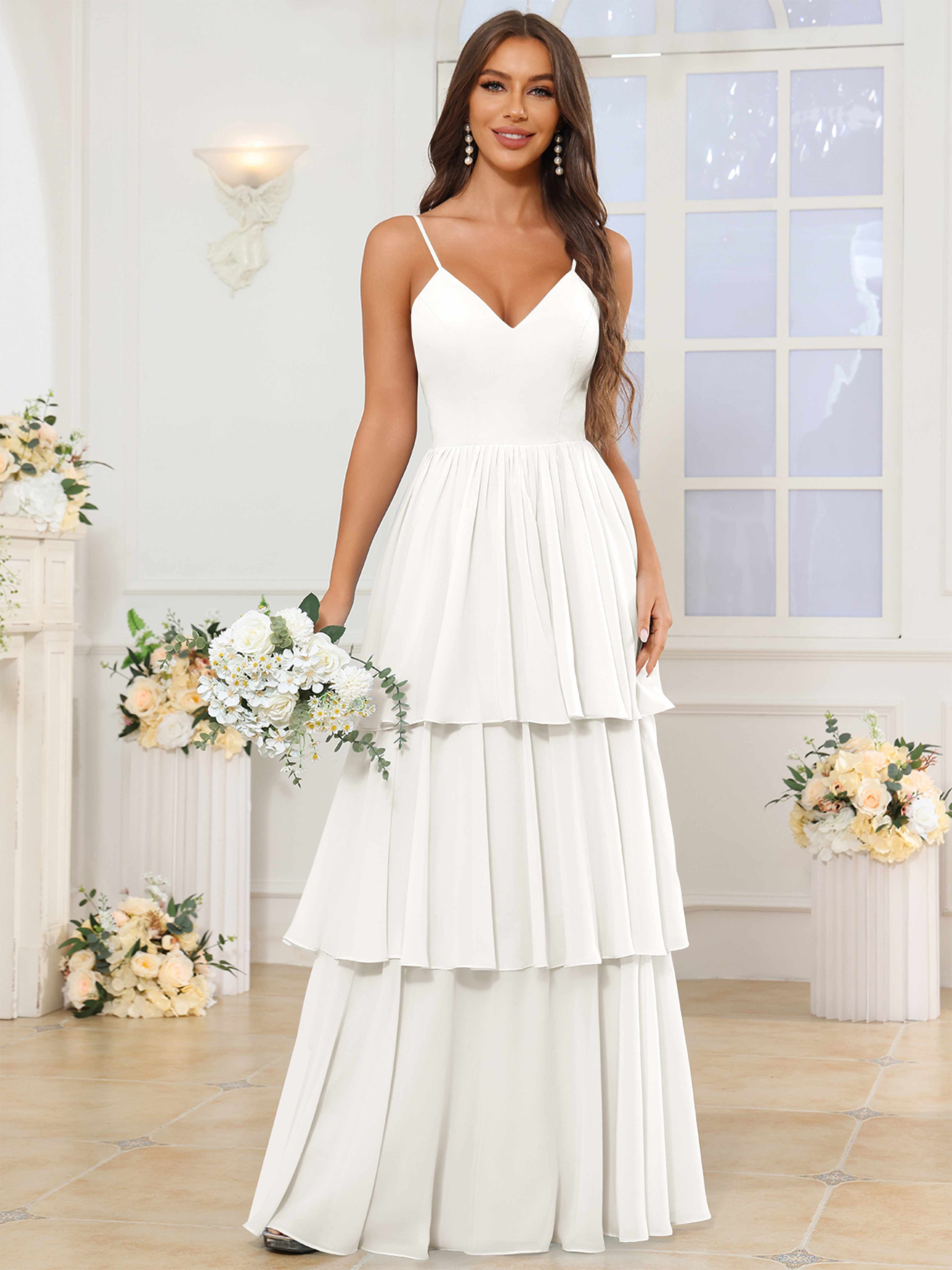 ROVDESY V-Neck Spaghetti Straps Tiered Chiffon Bridesmaid Dress With Ruffles