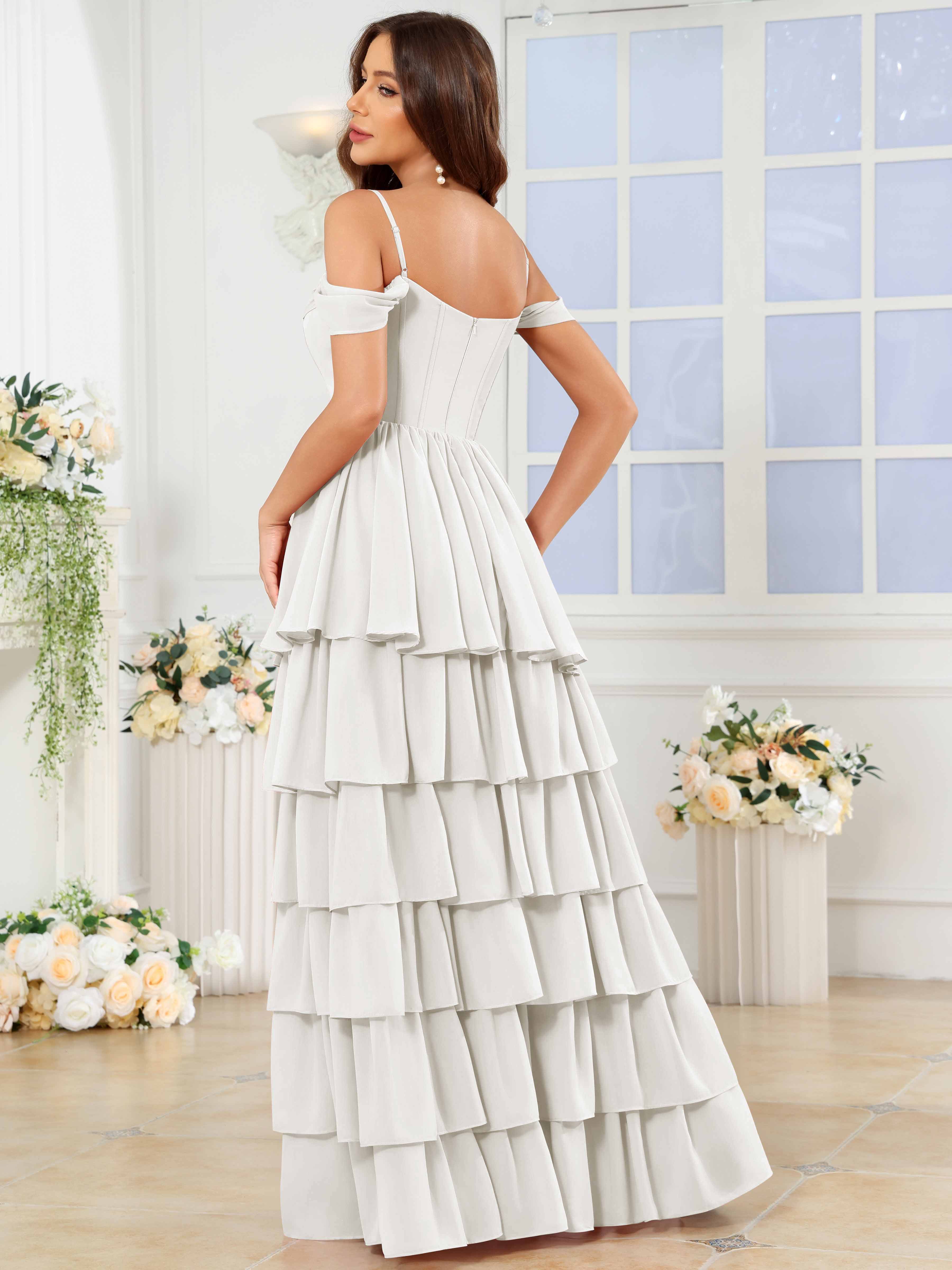 ROVDESY A-Line Off The Shoulder Tiered Chiffon Bridesmaid/Prom Dress With Slit