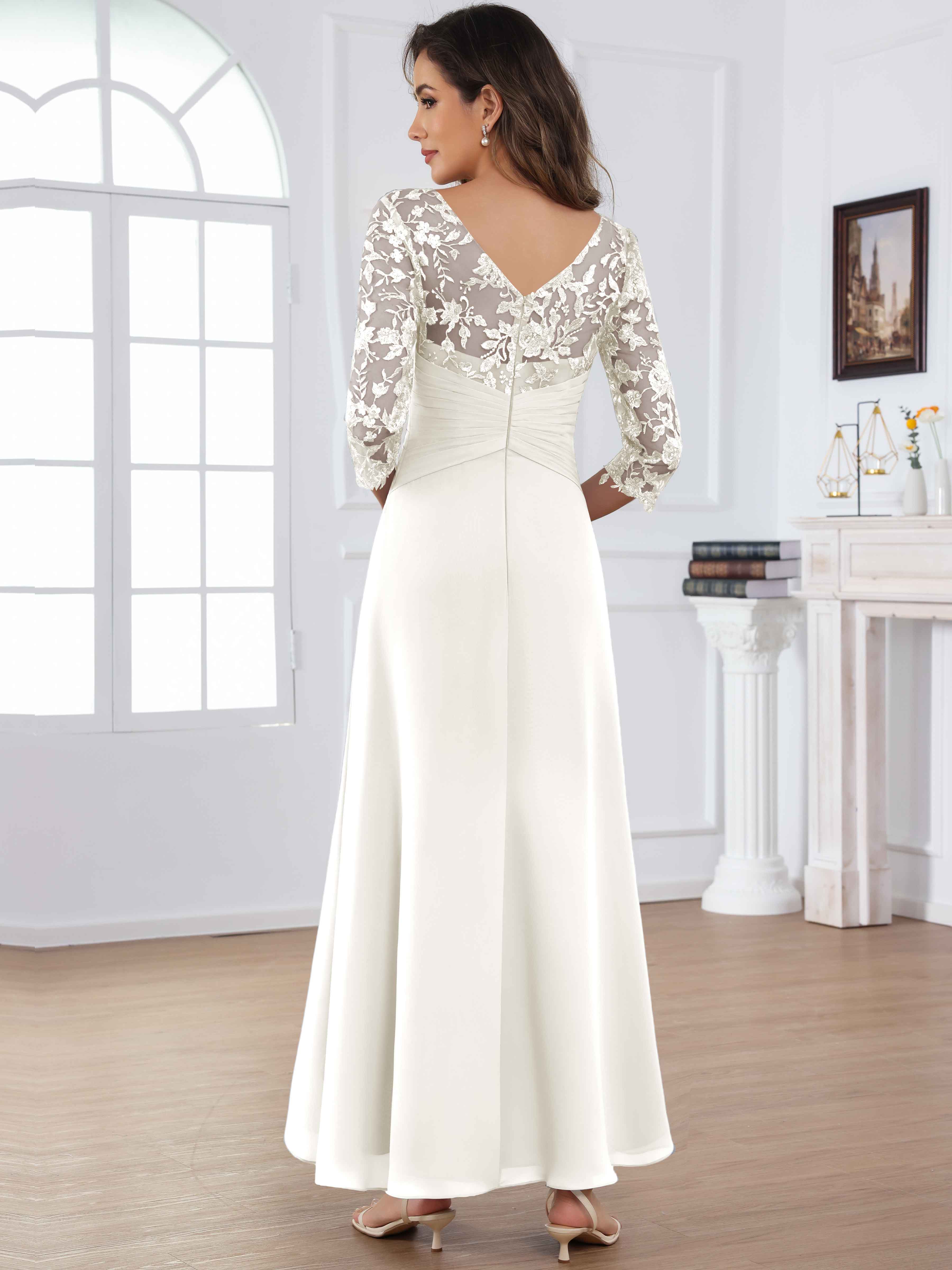 ROVDESY Tea Length Lace Chiffon Mother of The Bride Dress with 3/4 Sleeves