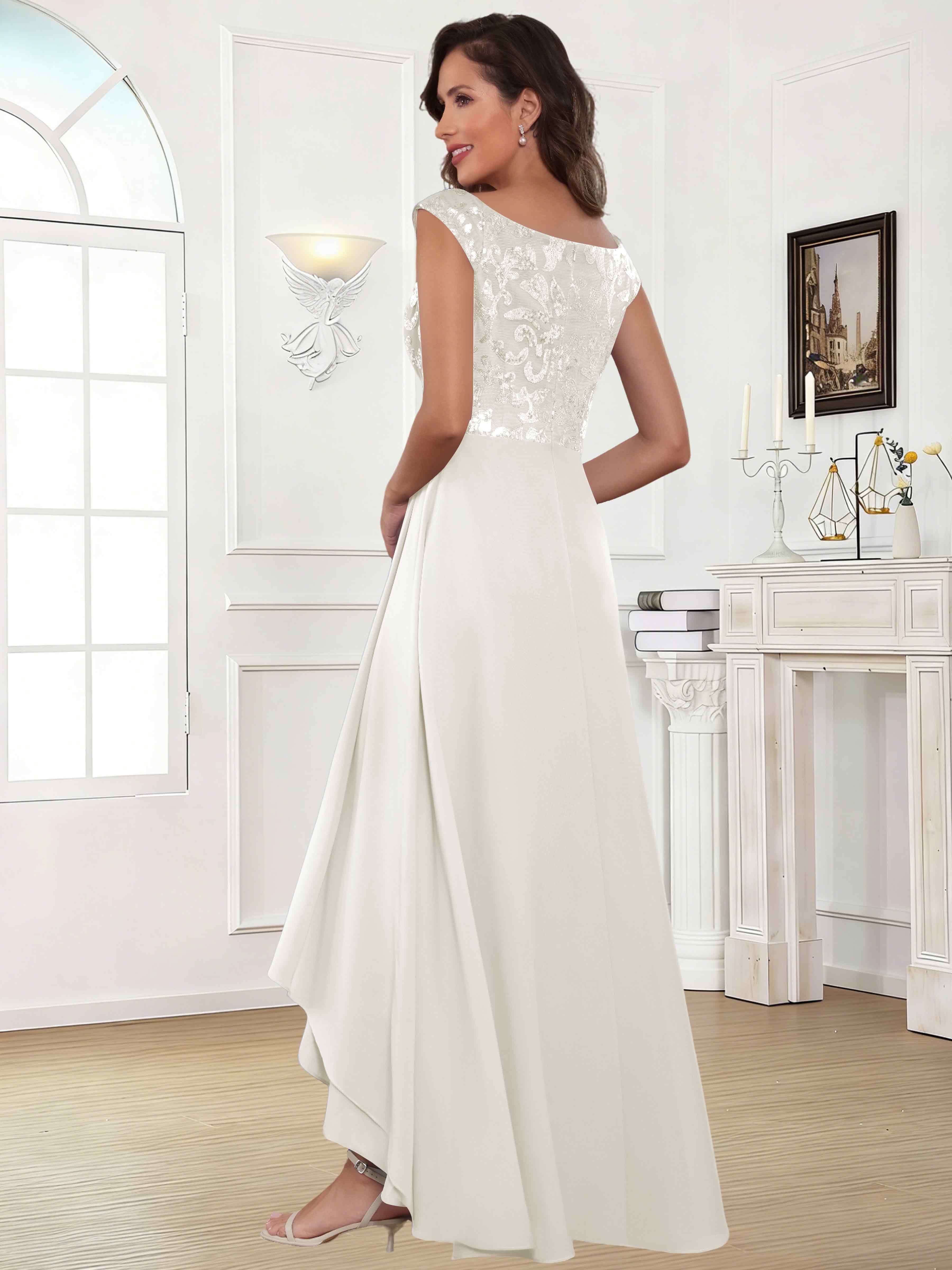 ROVDESY Tea Length Off-The-Shoulder Sequin Chiffon Mother Of The Bride Dress