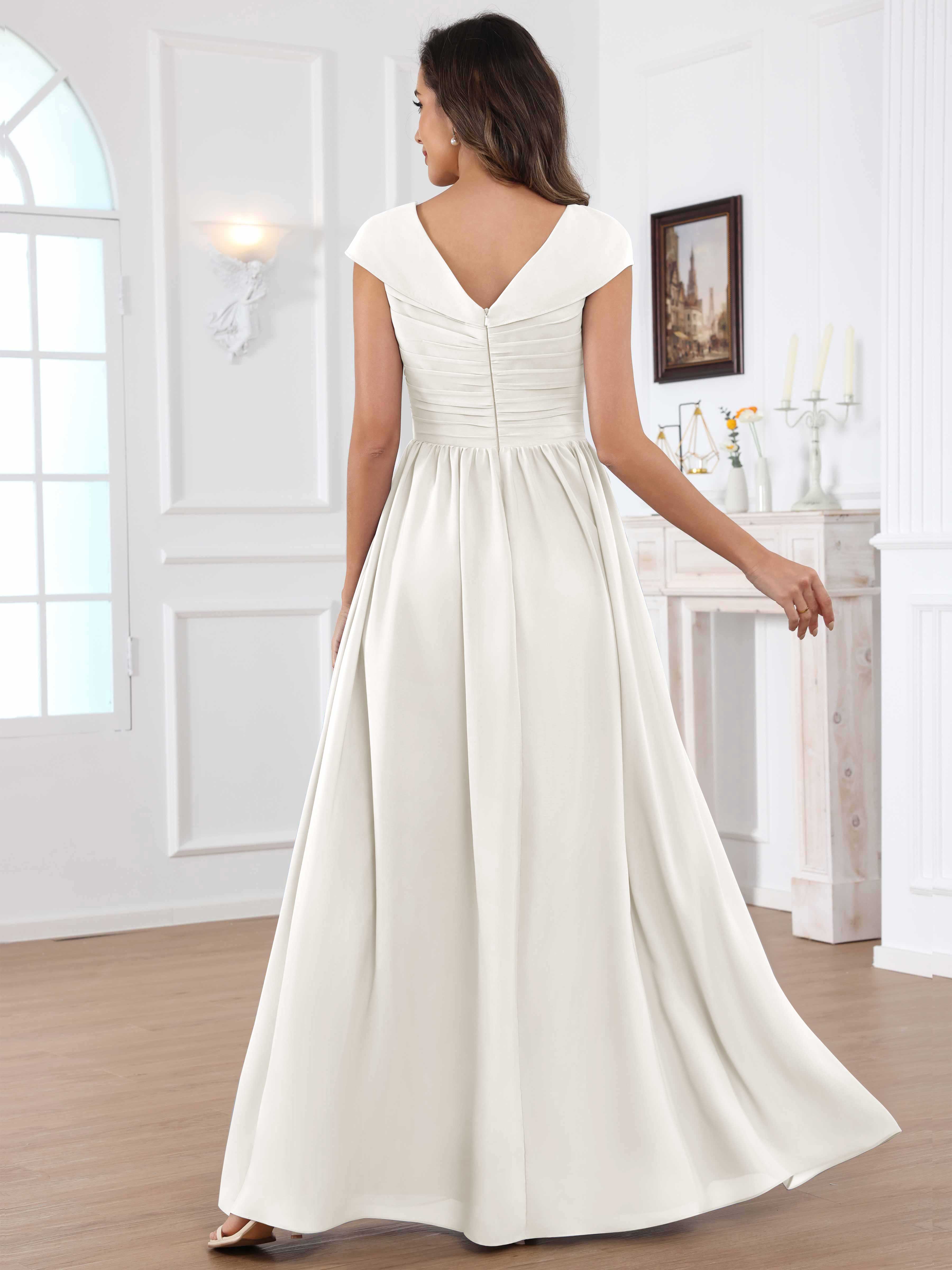 ROVDESY A-Line Cap Sleeves Pleated Chiffon Mother Of The Bride Dress