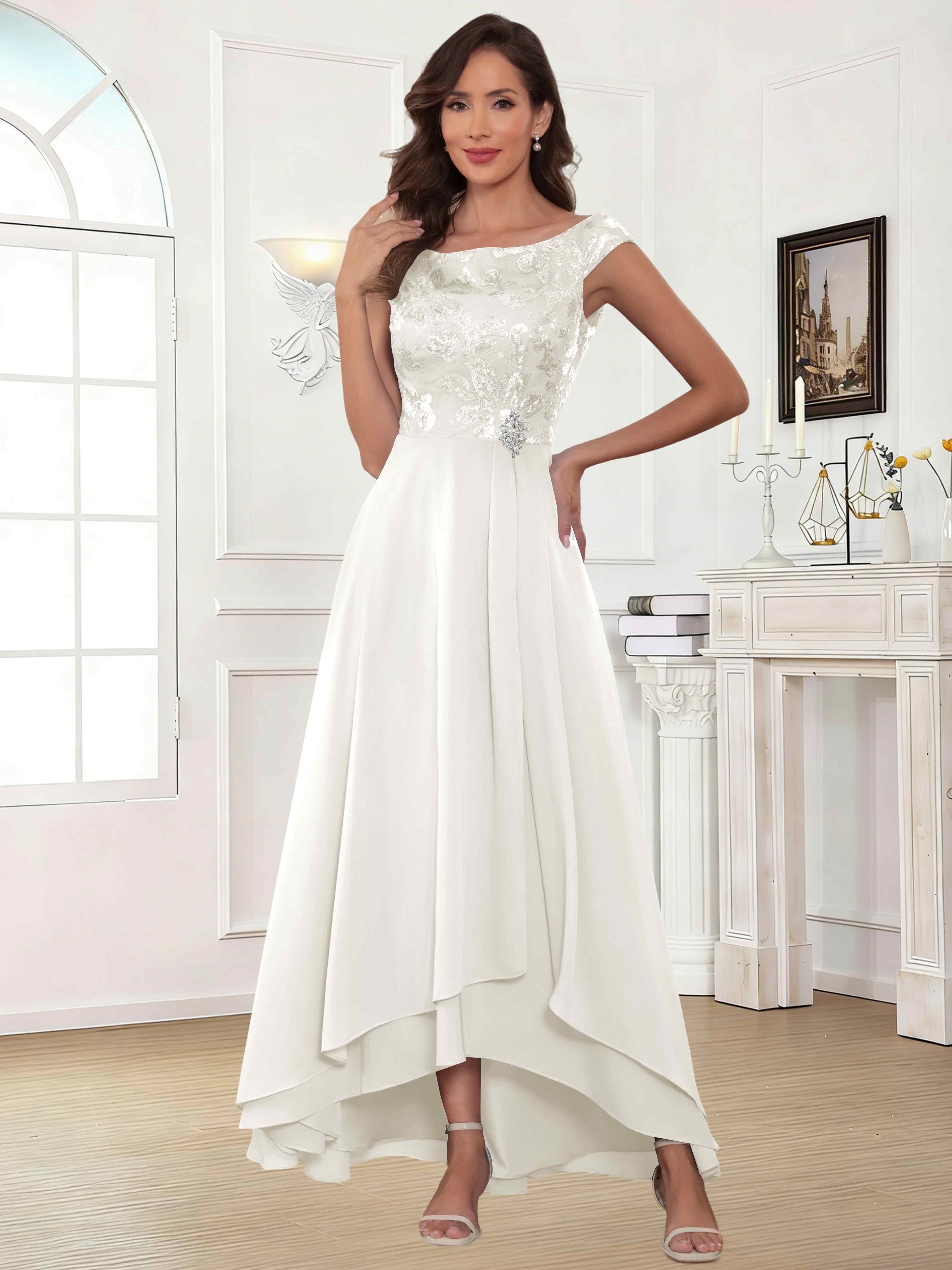 ROVDESY Tea Length Off-The-Shoulder Sequin Chiffon Mother Of The Bride Dress