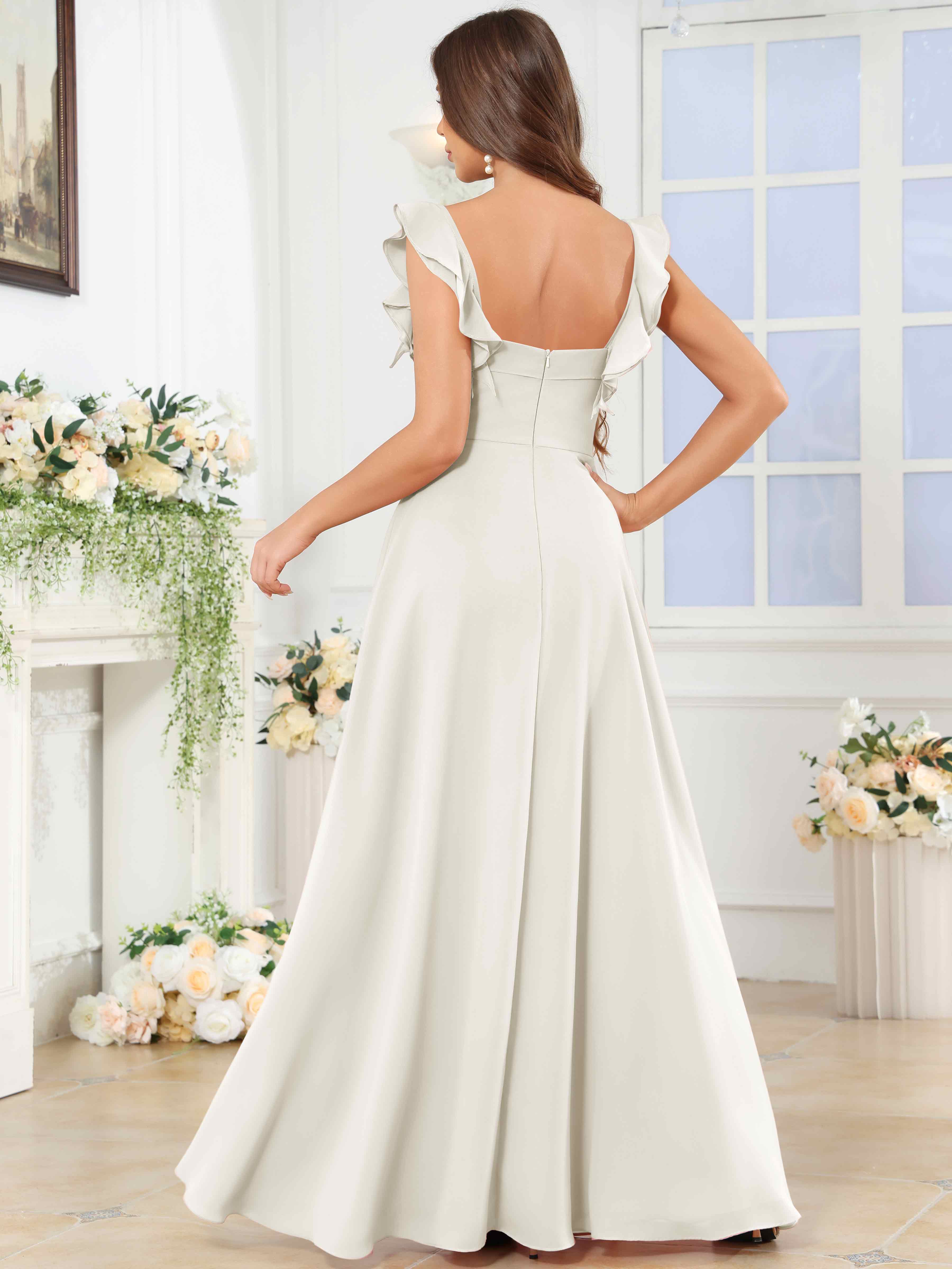 ROVDESY Square Neck Ruffle Chffion Bridesmaid Dress With Slit