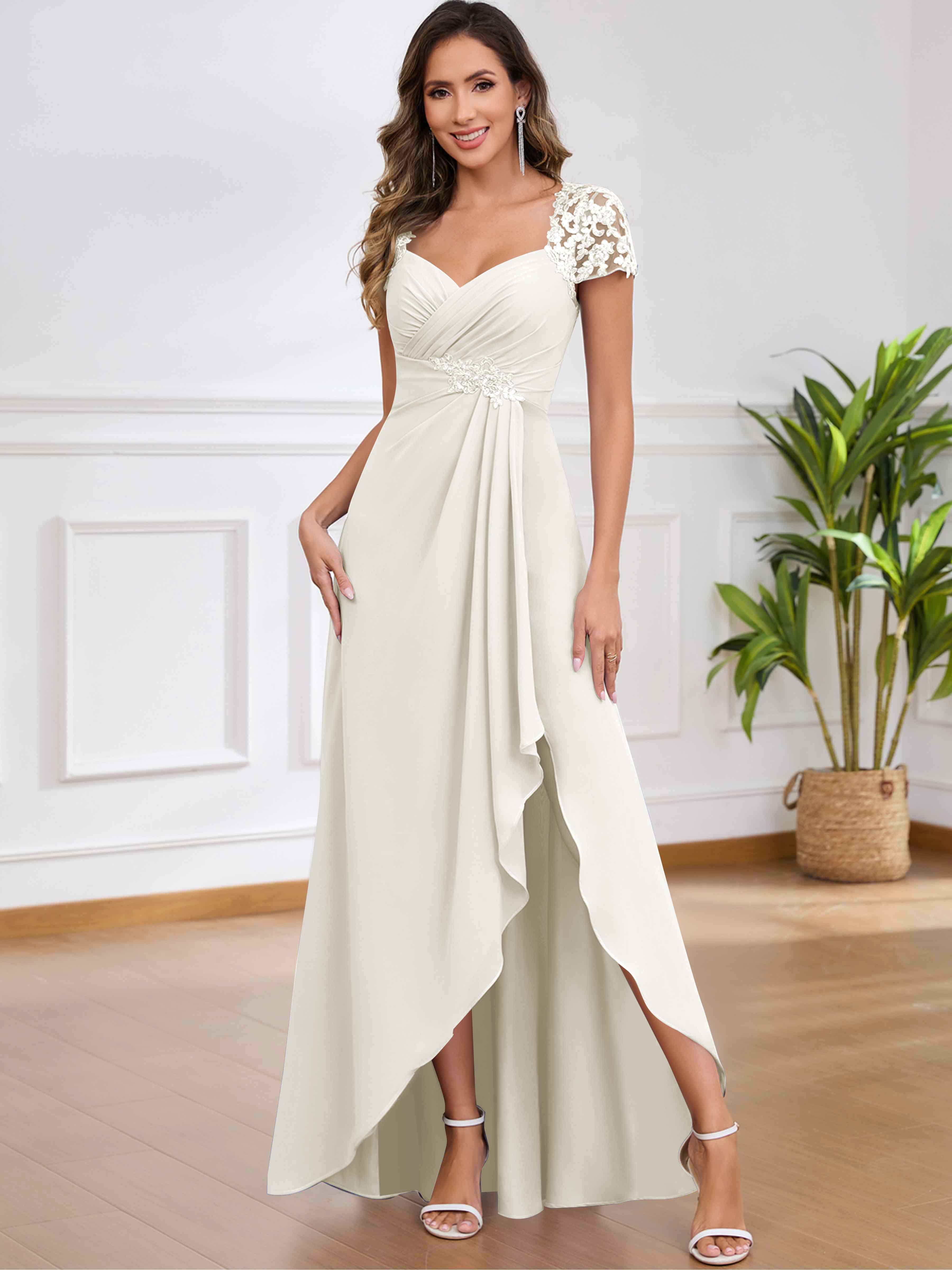 ROVDESY A-Line Pleated Lace Sequin Ruffle Chiffon Mother Of The Bride Dress With Slit