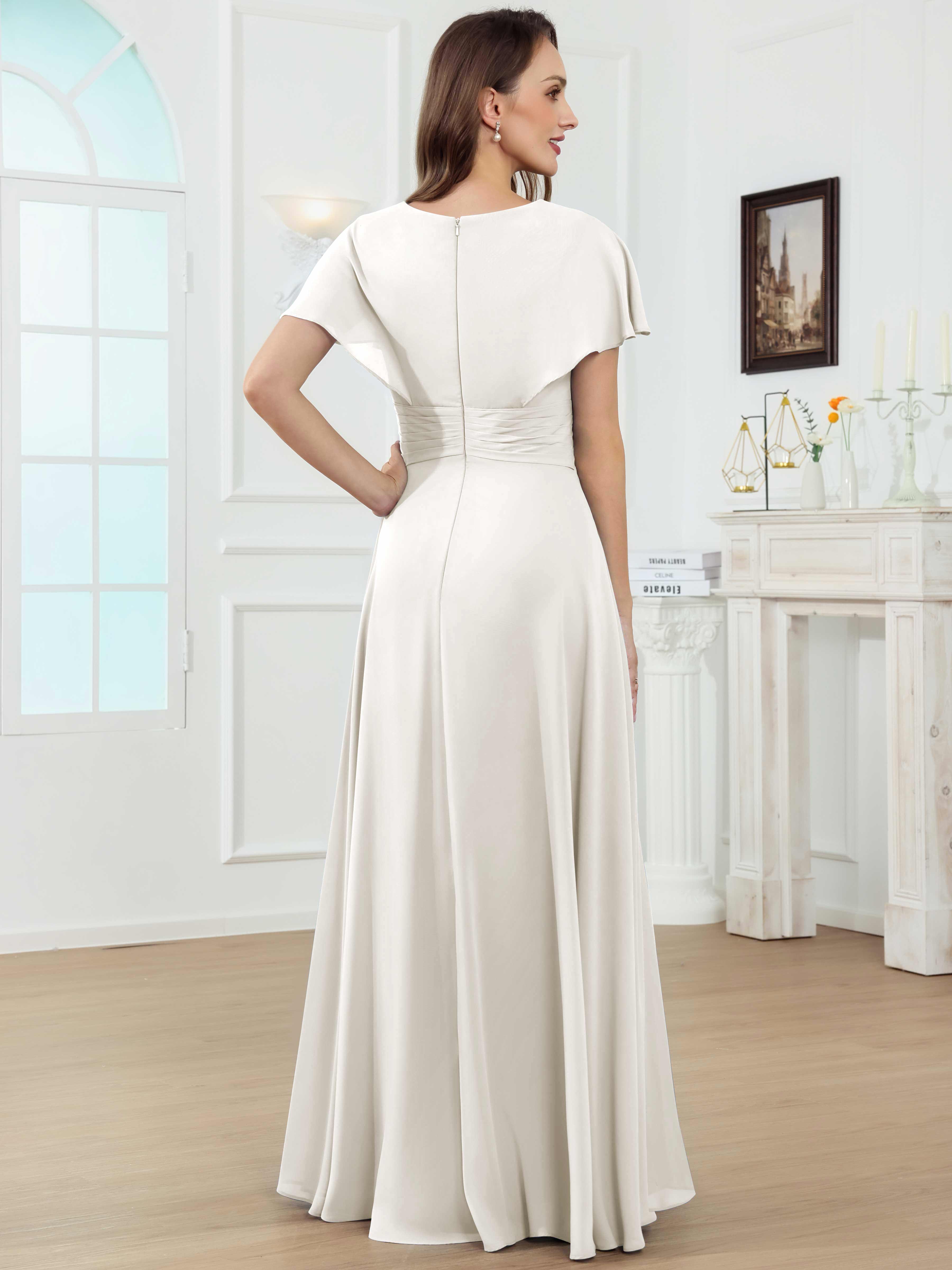 ROVDESY A-Line V-Neck Pleated Lace Chiffon Mother Of The Bride Dress With Short Sleeves