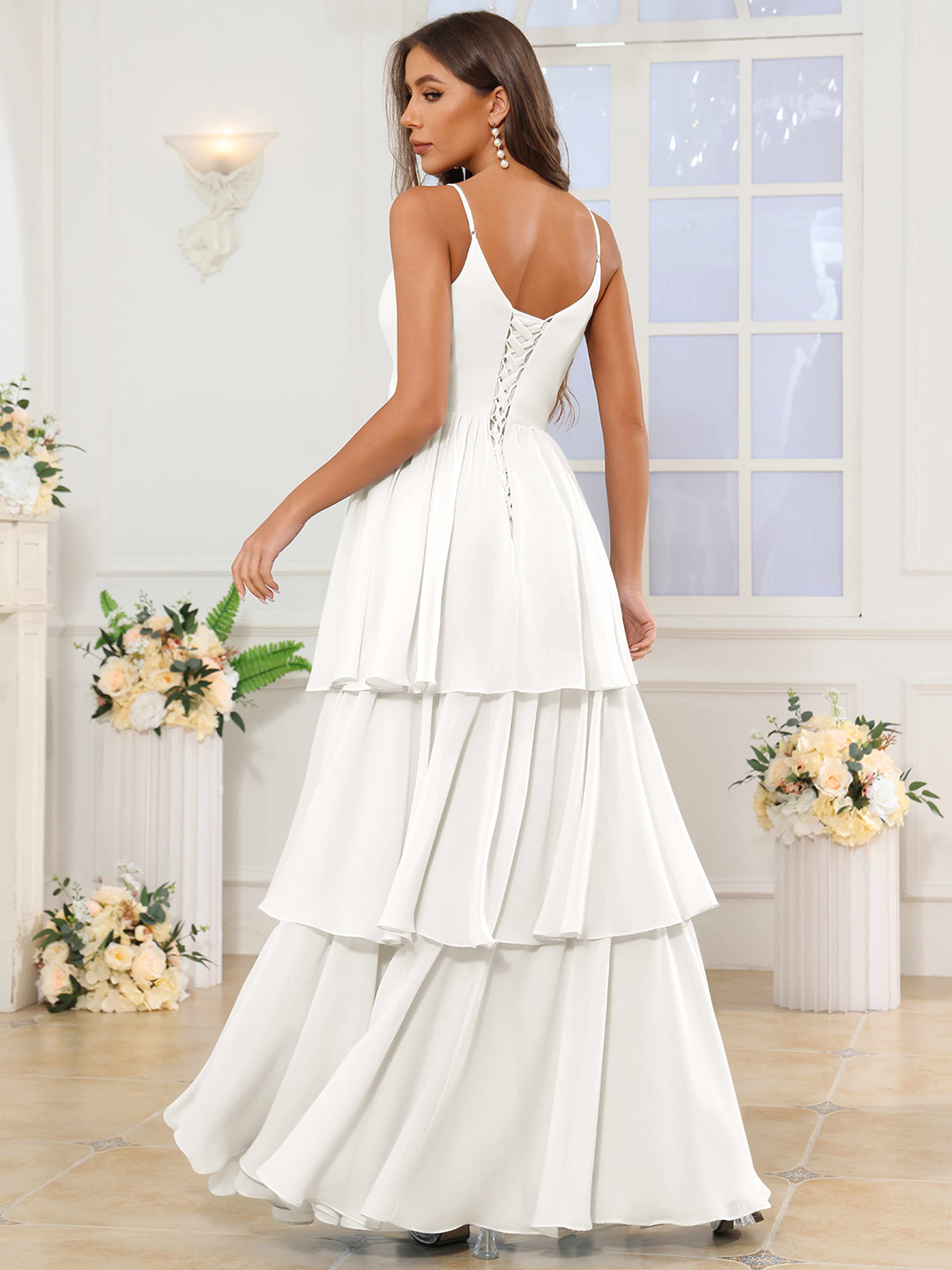 ROVDESY V-Neck Spaghetti Straps Tiered Chiffon Bridesmaid Dress With Ruffles