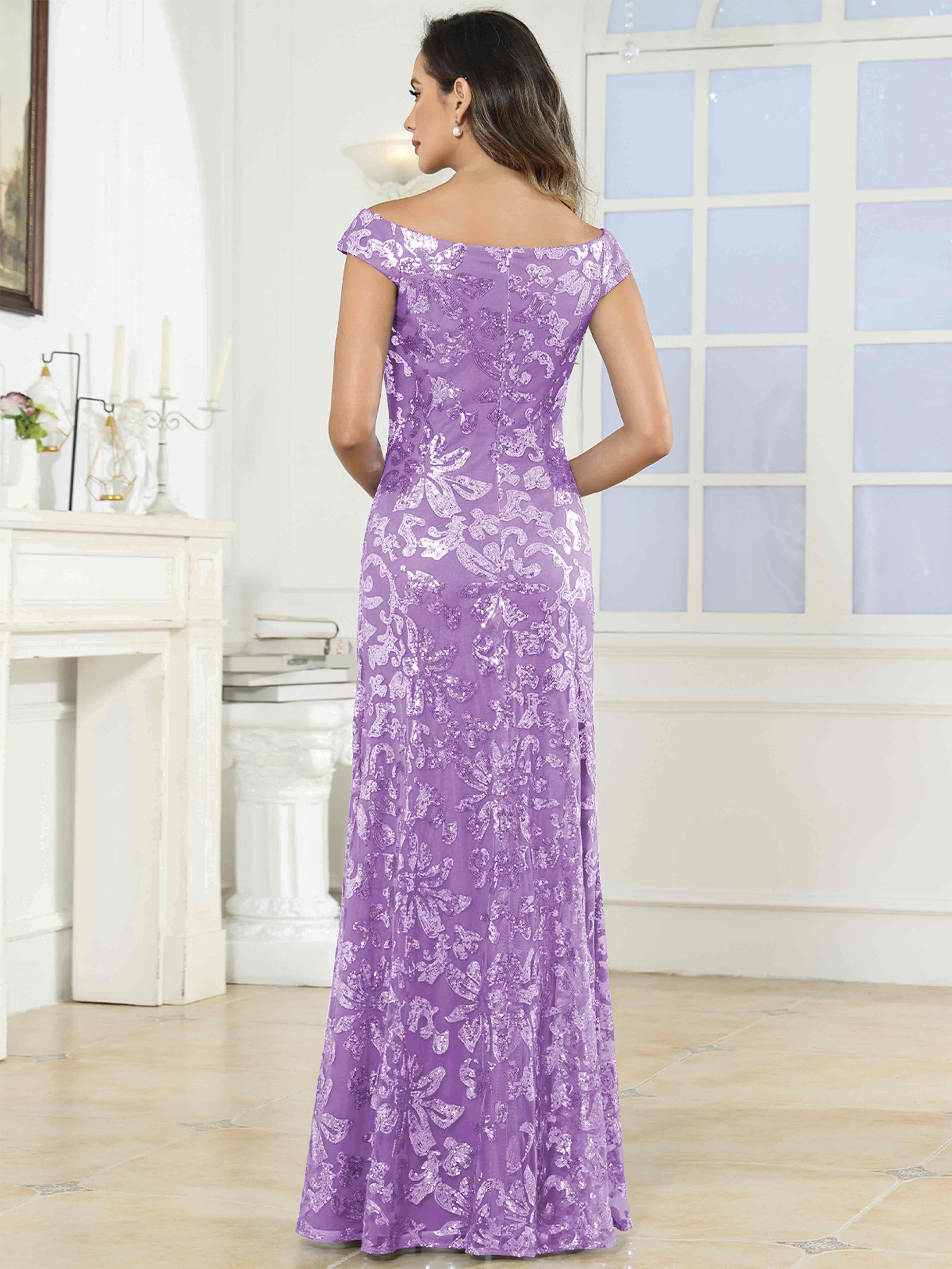 ROVDESY Off-The-Shoulder Mermaid Sequin Mother Of The Bride Dress Formal Gown