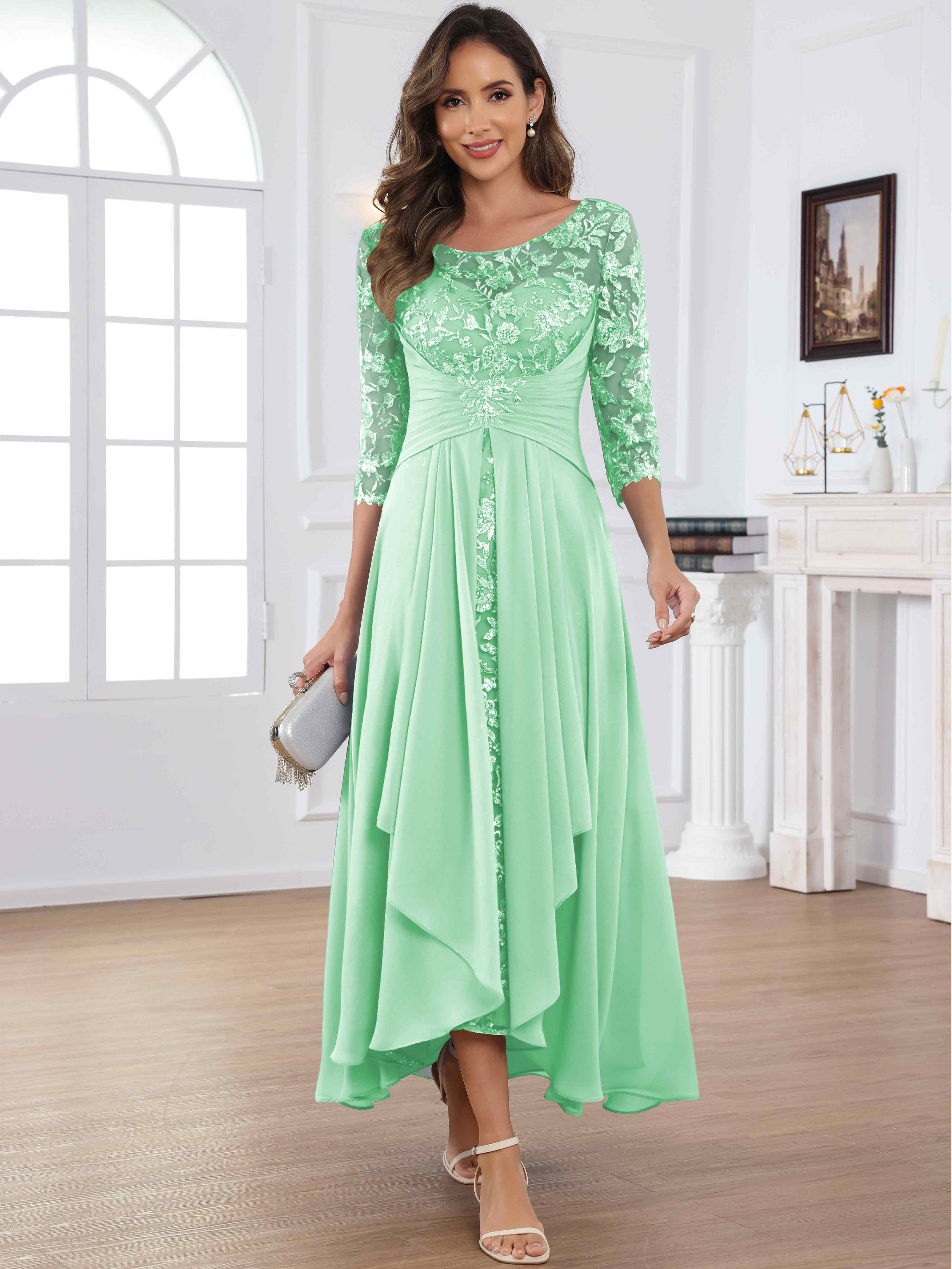 ROVDESY Tea Length Lace Chiffon Mother of The Bride Dress with 3/4 Sleeves