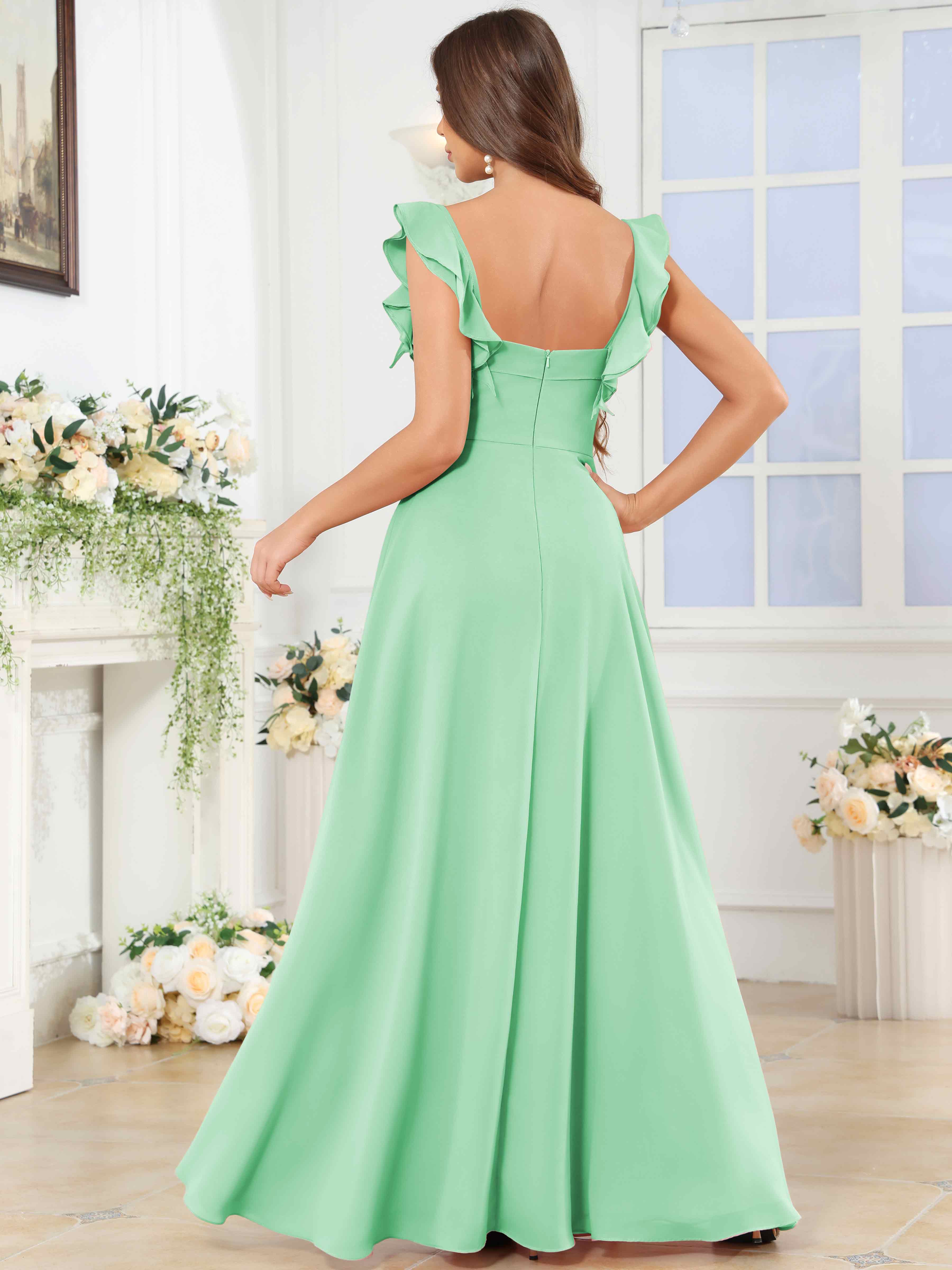 ROVDESY Square Neck Ruffle Chffion Bridesmaid Dress With Slit