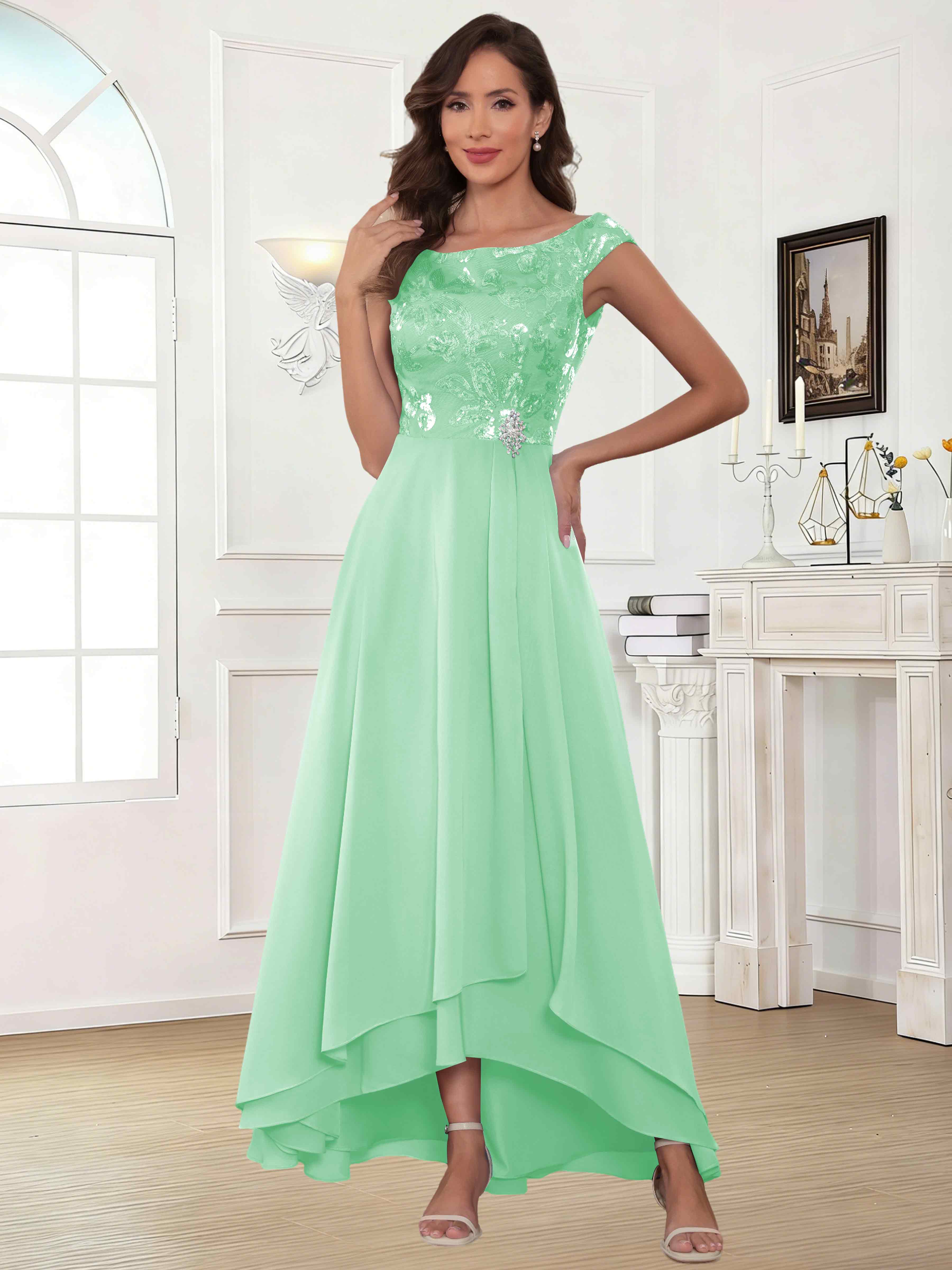 ROVDESY Tea Length Off-The-Shoulder Sequin Chiffon Mother Of The Bride Dress