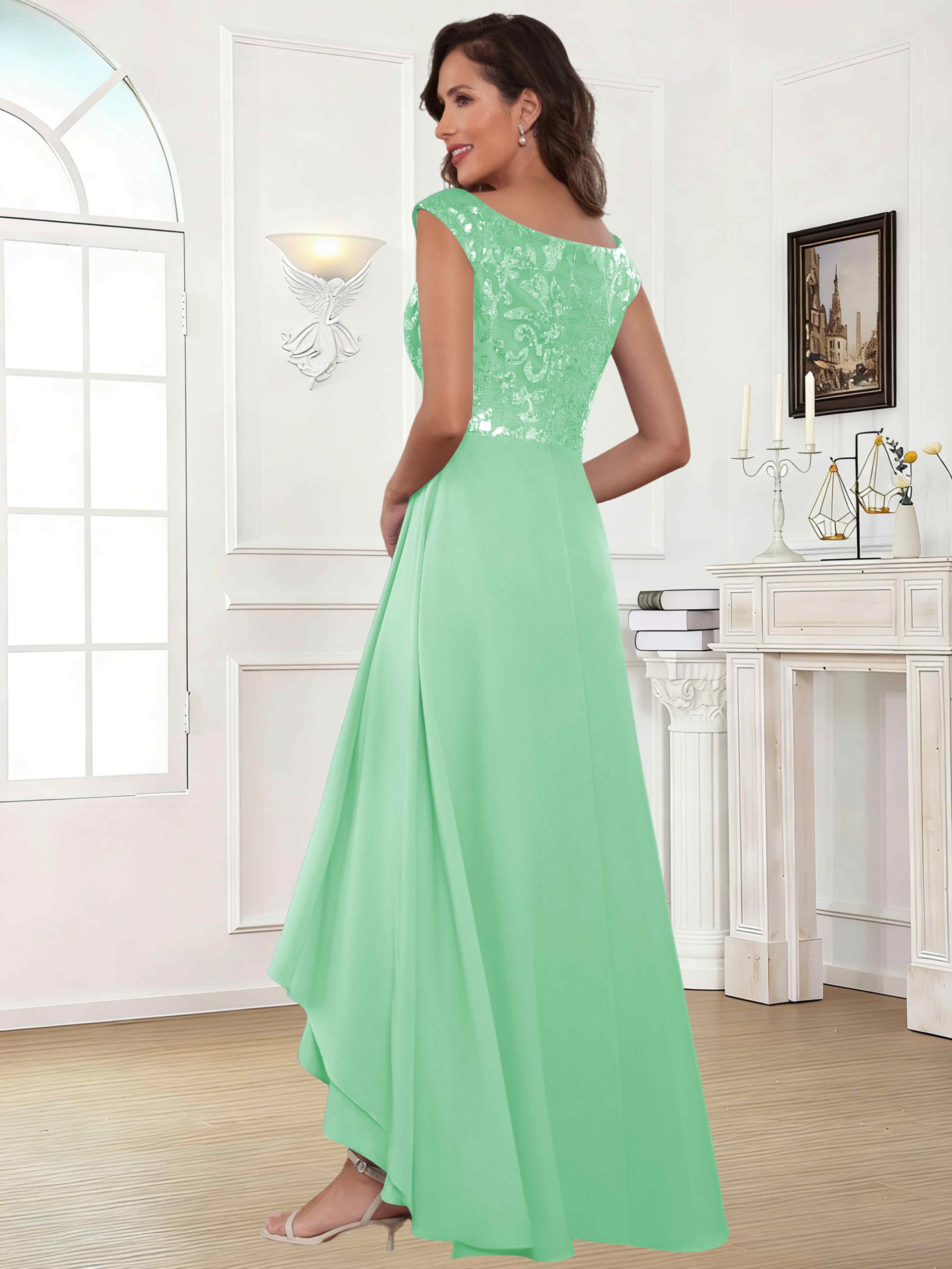 ROVDESY Tea Length Off-The-Shoulder Sequin Chiffon Mother Of The Bride Dress