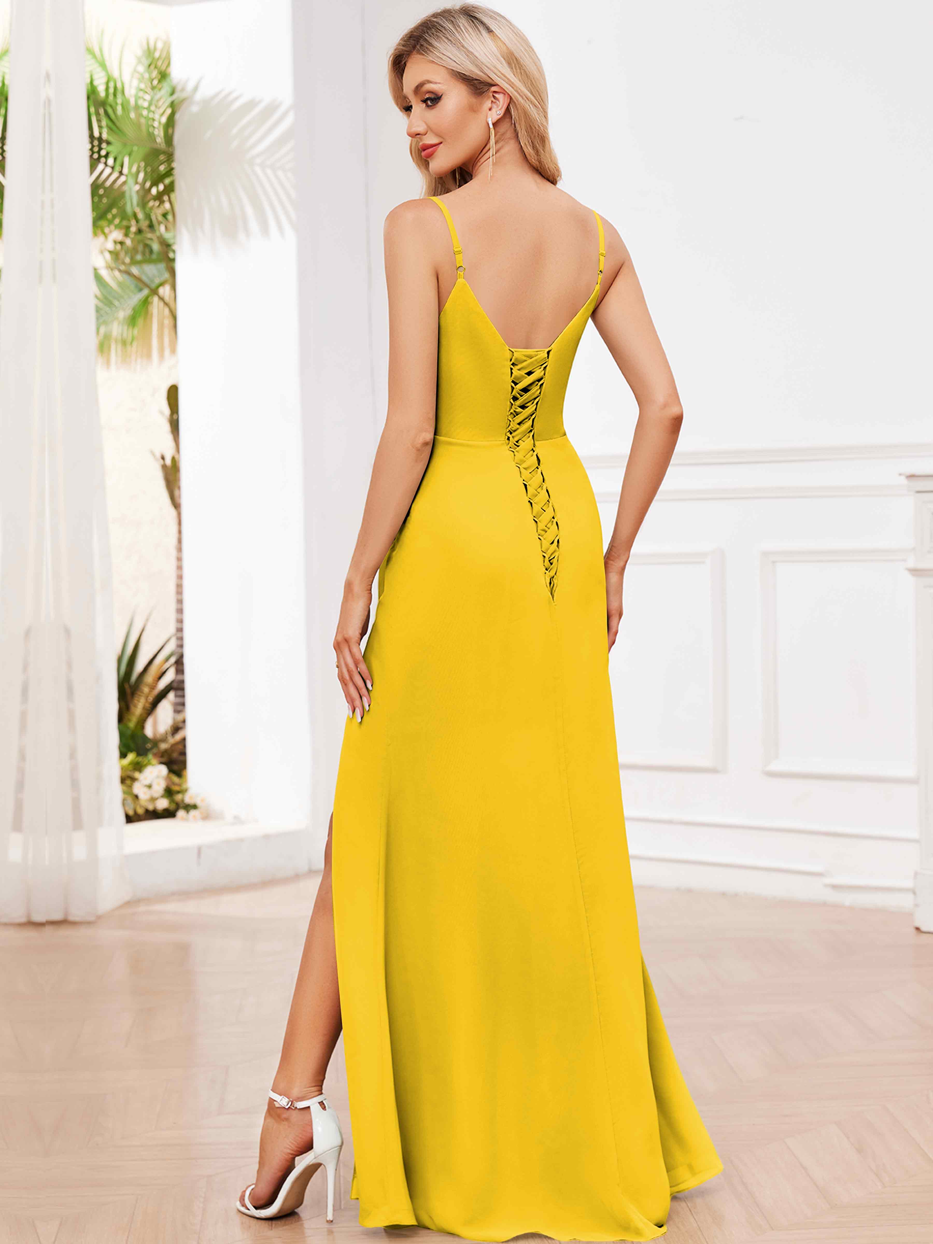 ROVDESY Spaghetti Strap Pleated Chiffon Bridesmaid Dress With Slit