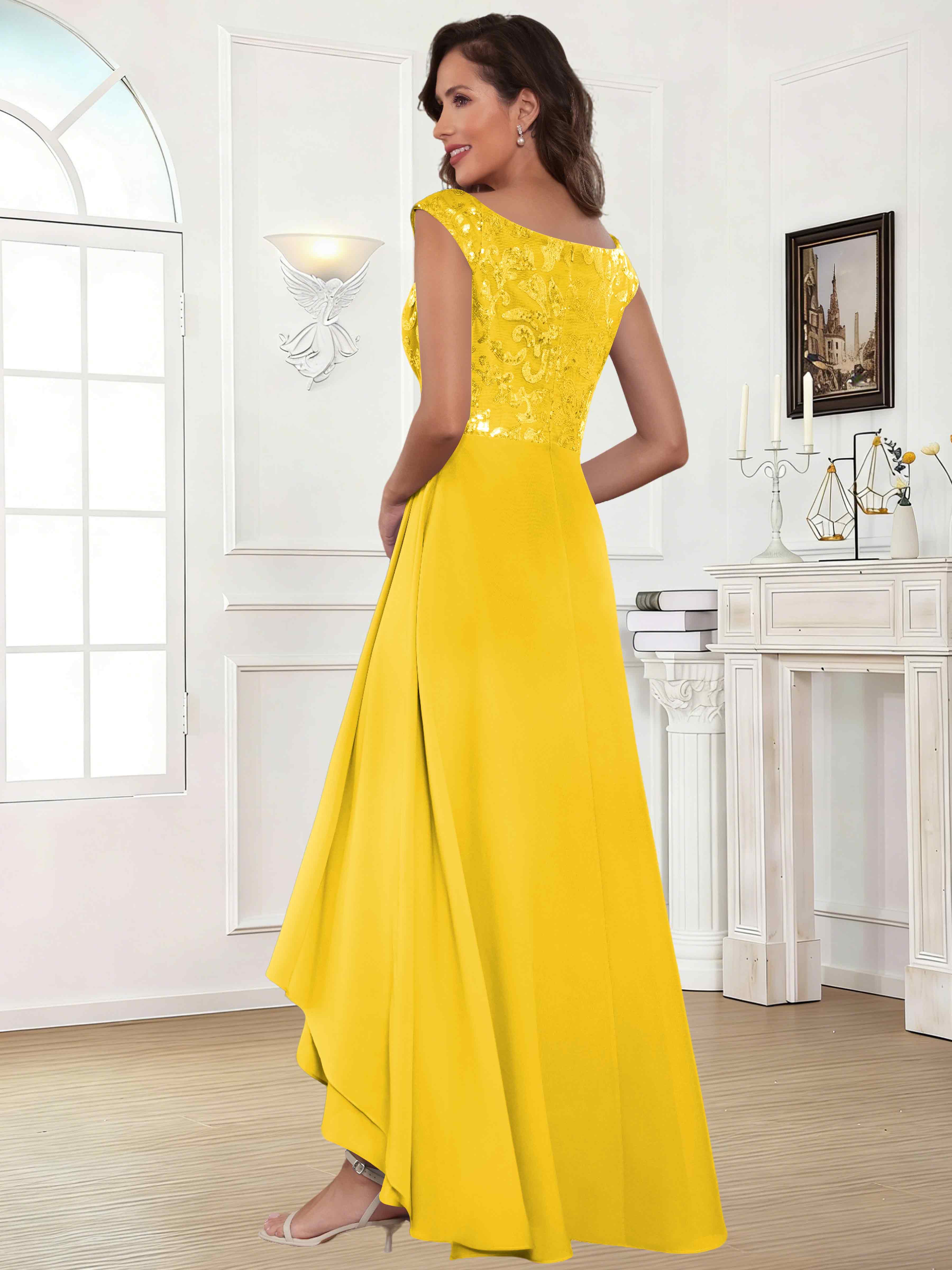 ROVDESY Tea Length Off-The-Shoulder Sequin Chiffon Mother Of The Bride Dress