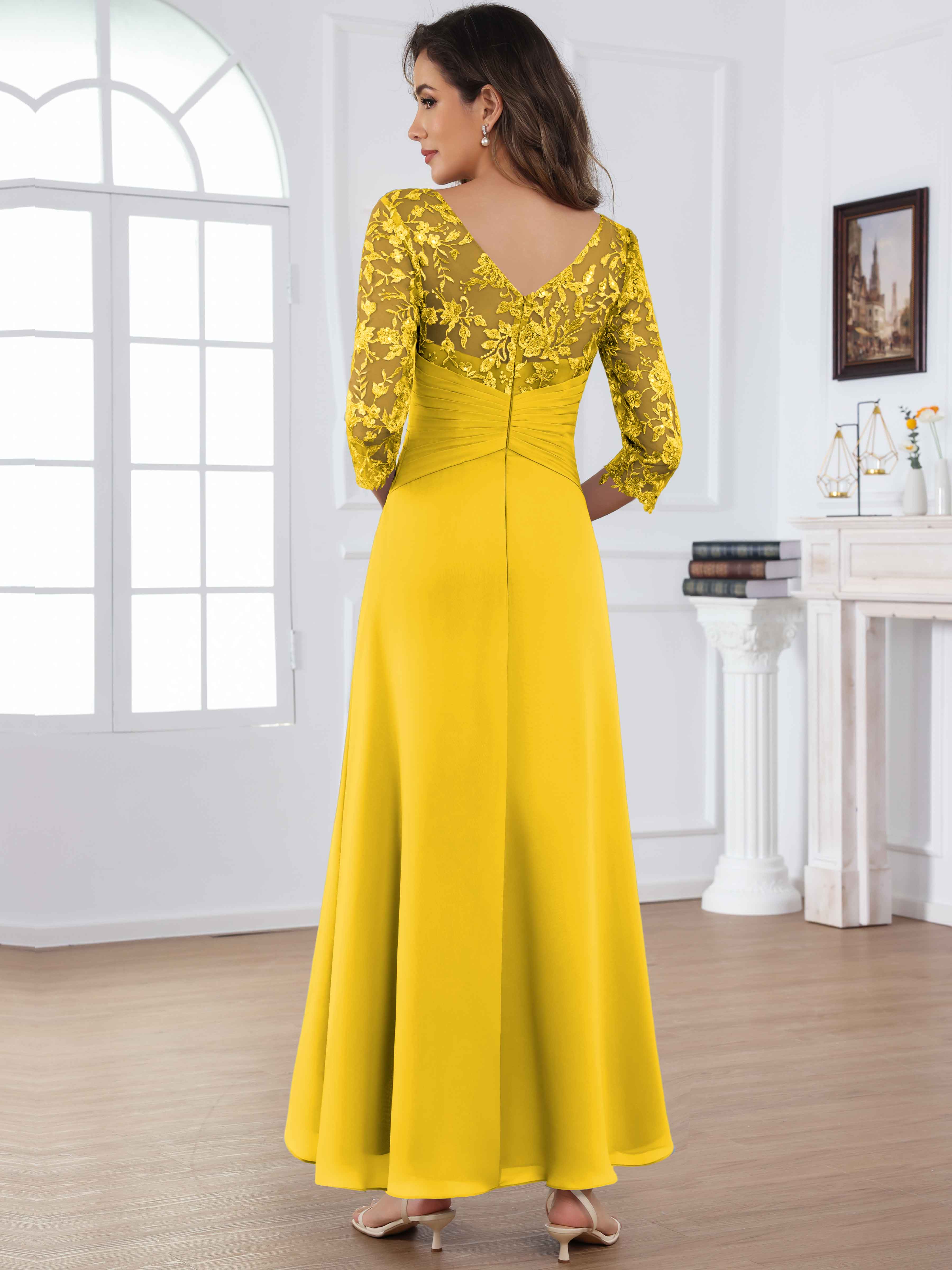ROVDESY Tea Length Lace Chiffon Mother of The Bride Dress with 3/4 Sleeves