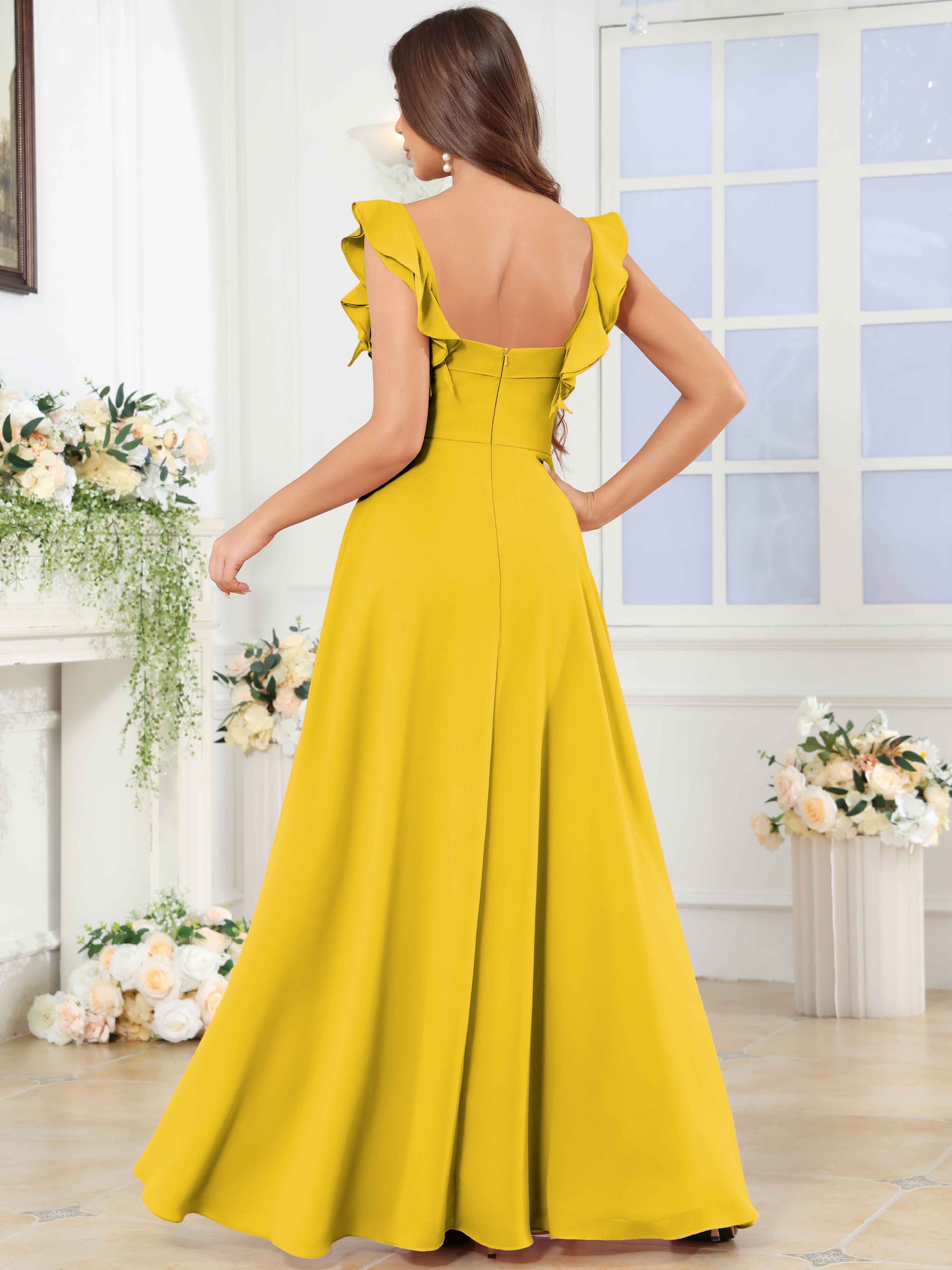 ROVDESY Square Neck Ruffle Chffion Bridesmaid Dress With Slit