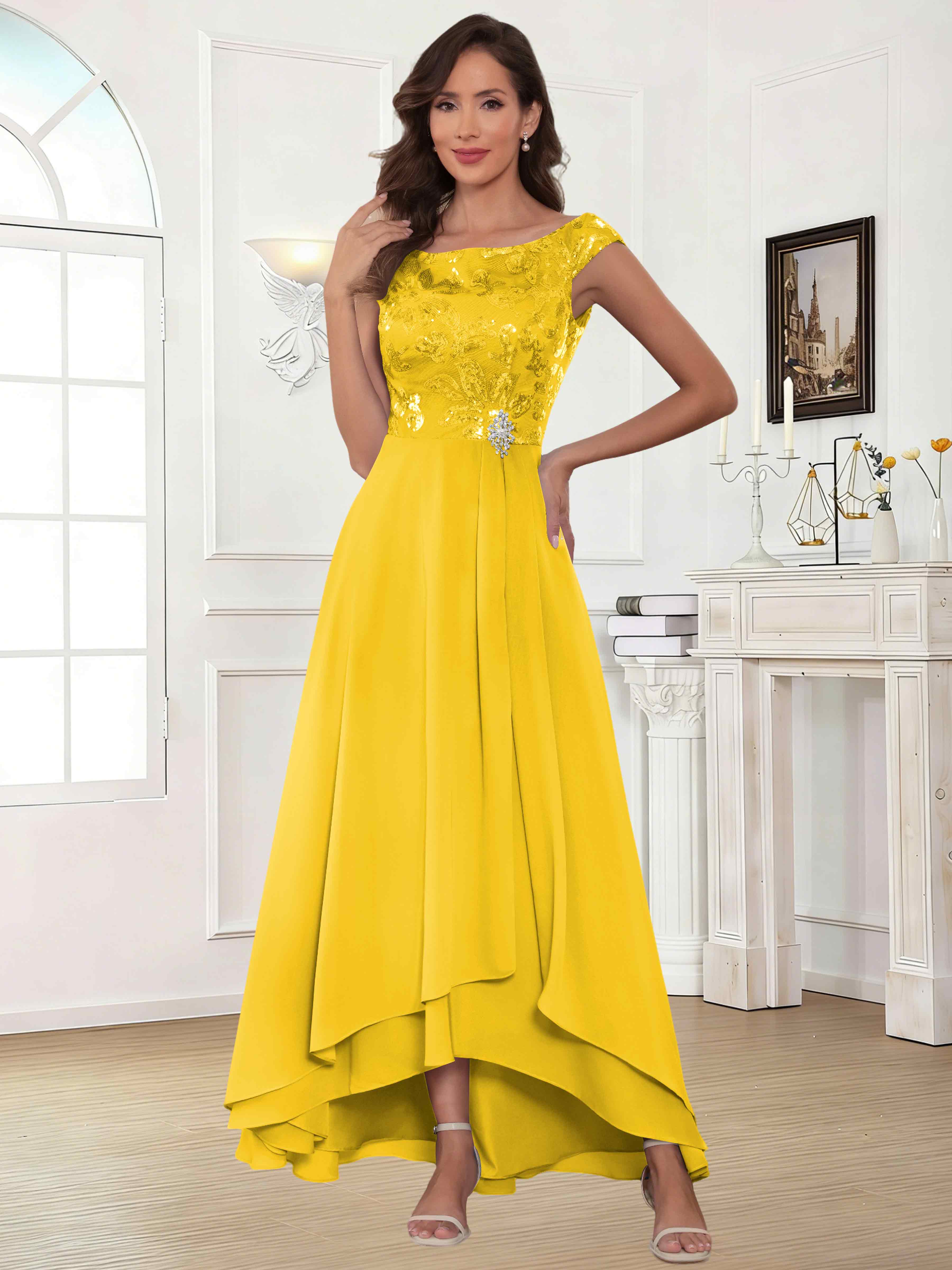 ROVDESY Tea Length Off-The-Shoulder Sequin Chiffon Mother Of The Bride Dress