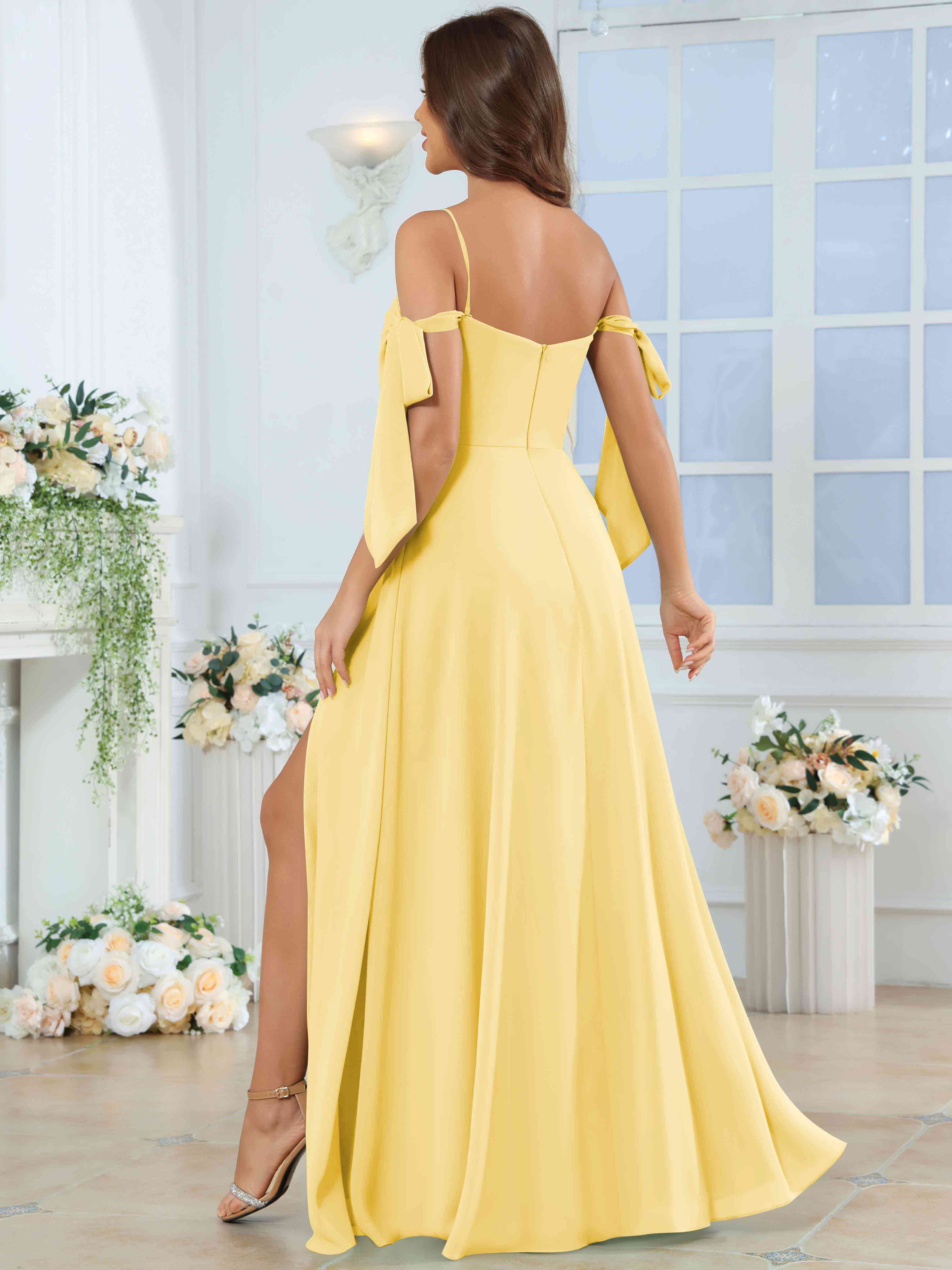 ROVDESY Spaghetti Strap Pleated Ruffle Slit Chiffon Bridesmaid Dress With Bow Sleeves